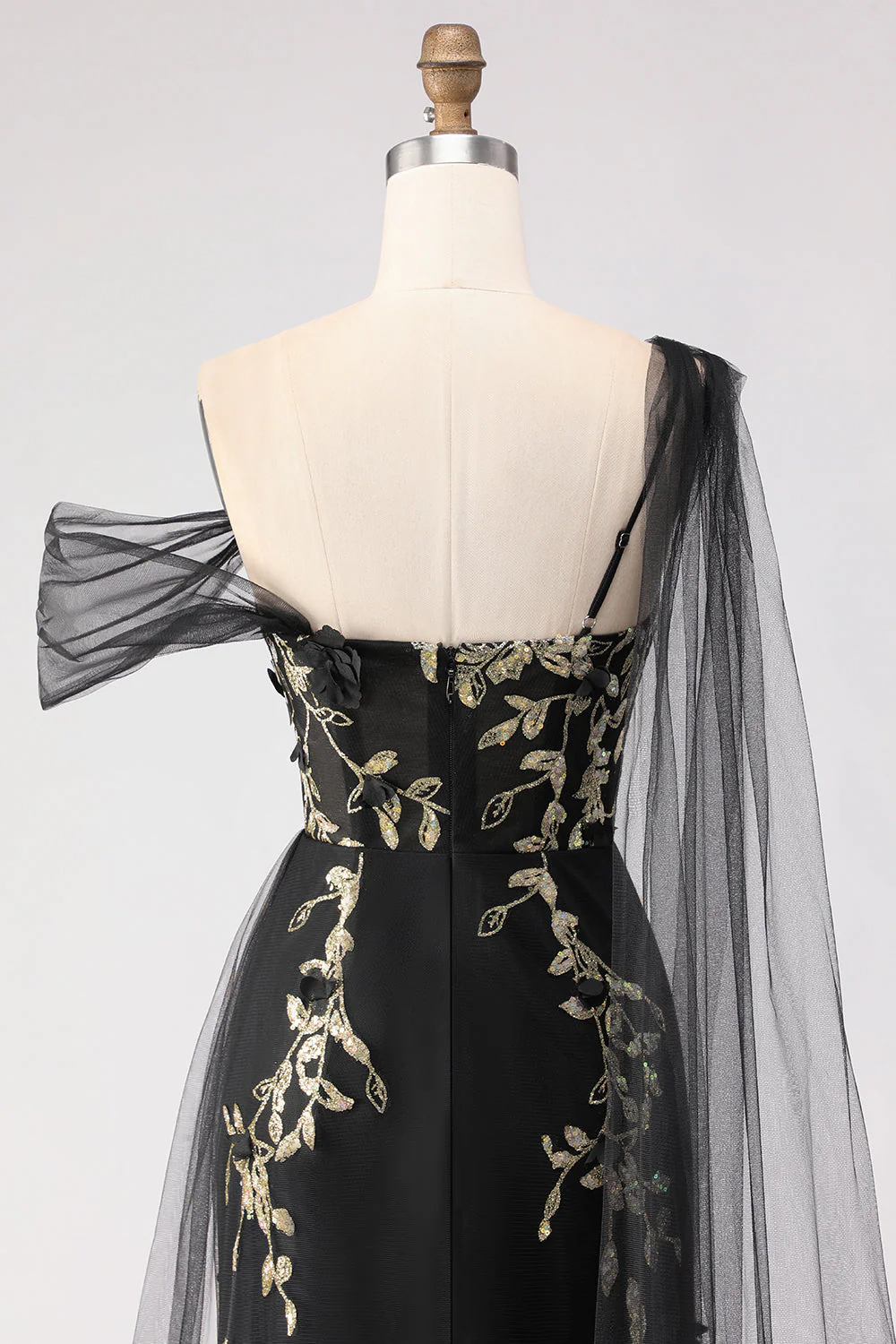 Sirène noire à paillettes 3D en fleurs à une épaule avec une longue robe de bal avec serpentin - Image 7