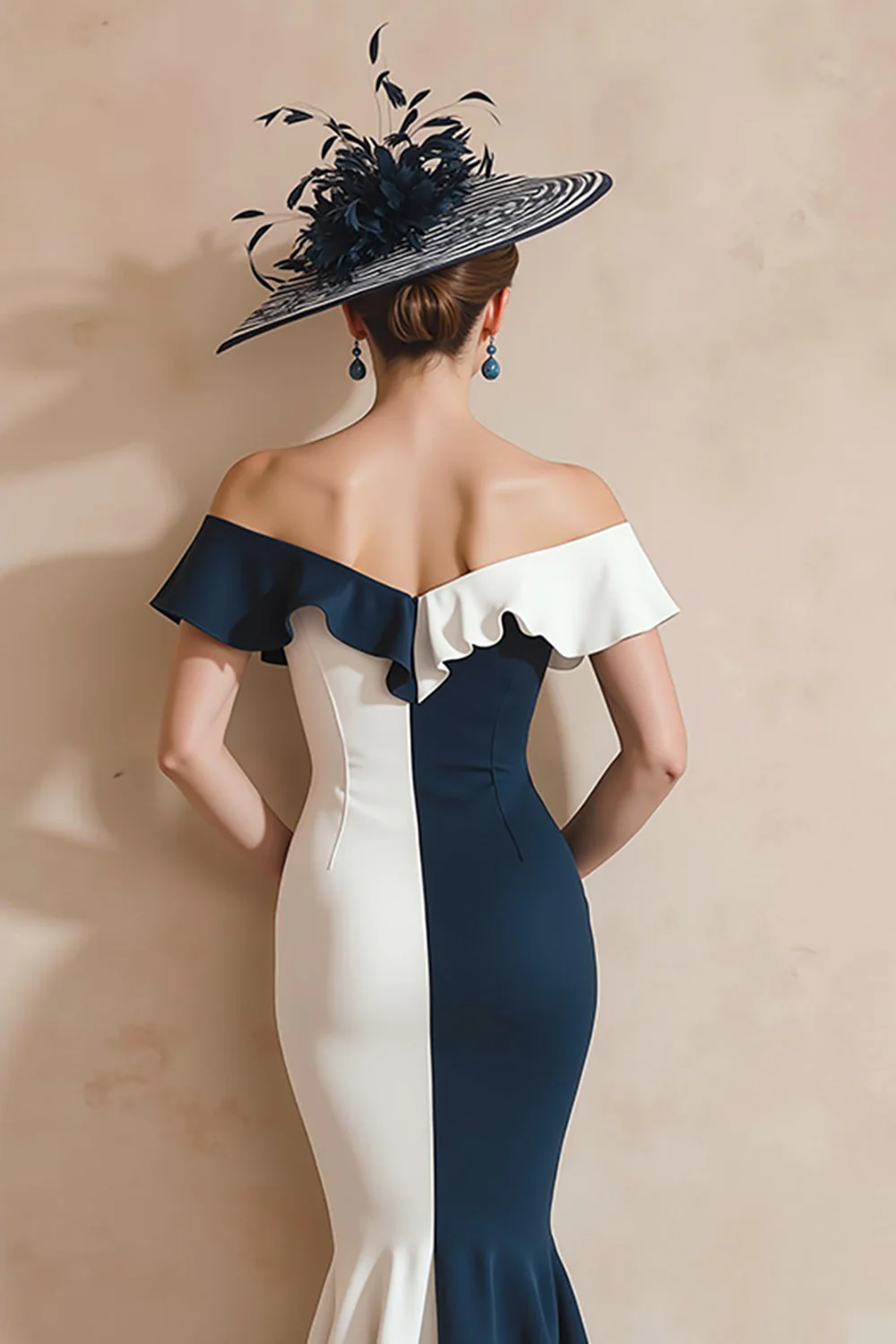 Sirène noire et blanche dénudée épaule volantée longue mère de la mariée robe - Image 8