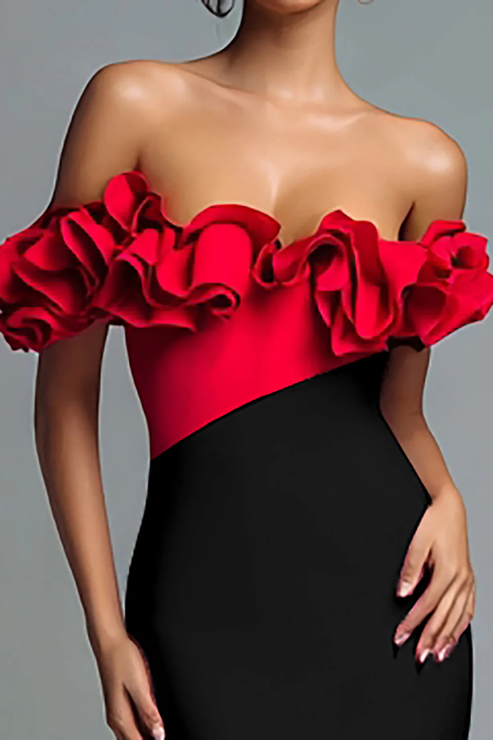 Sirène noire et rouge à volants épaules dénudées Robe longue formelle avec fente - Image 2