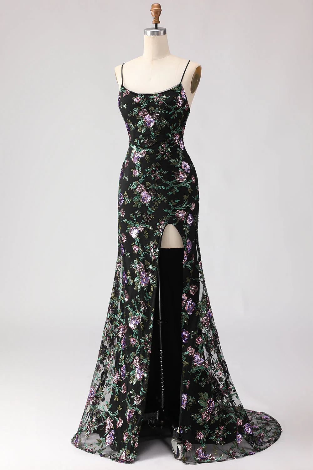 Sirène noire paillettes dentelle florale dans le dos longue robe de bal avec fente - Image 5