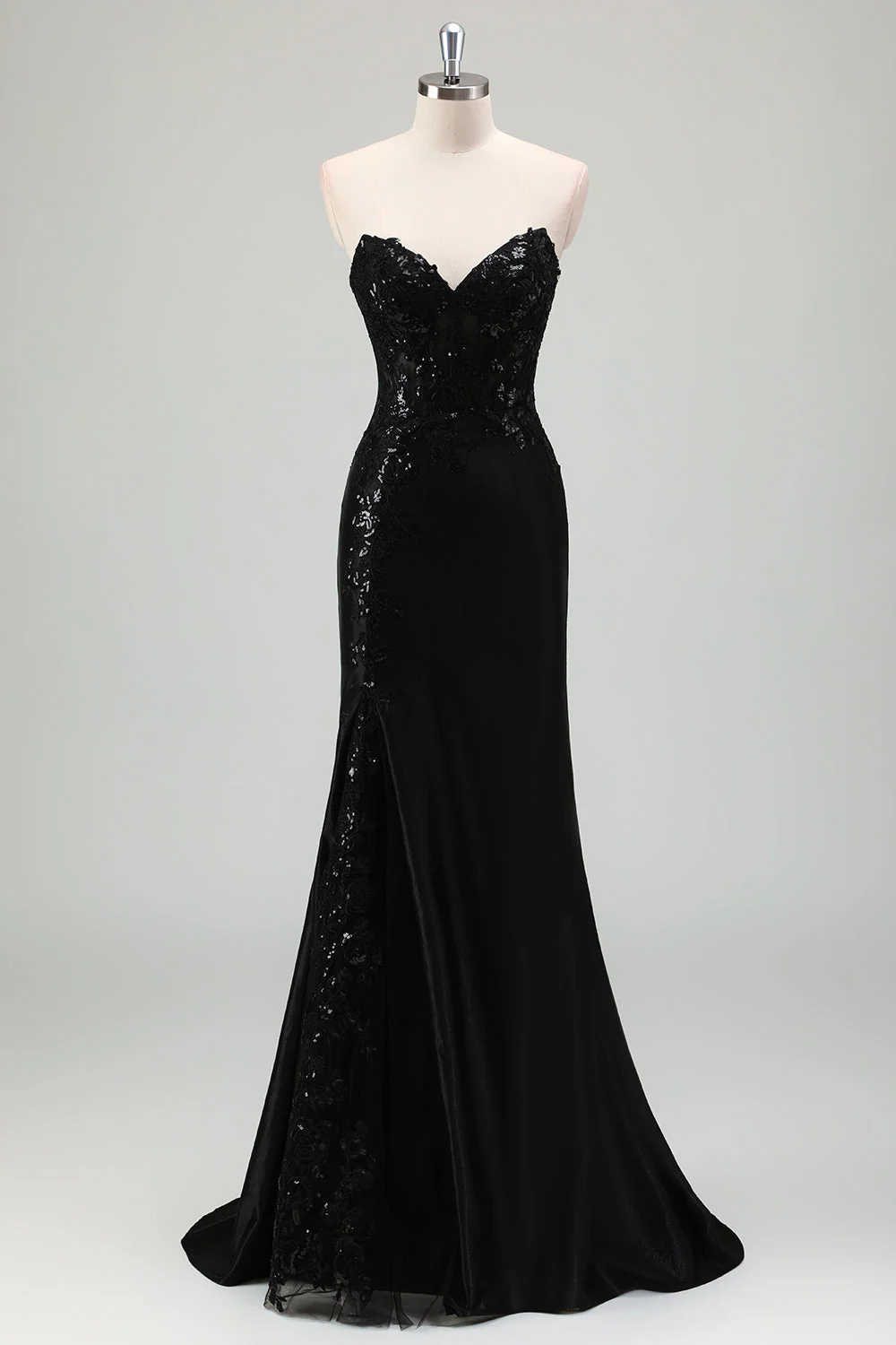 Sirène noire scintillante sans bretelles Corset Appliques Robe de bal longue avec fente