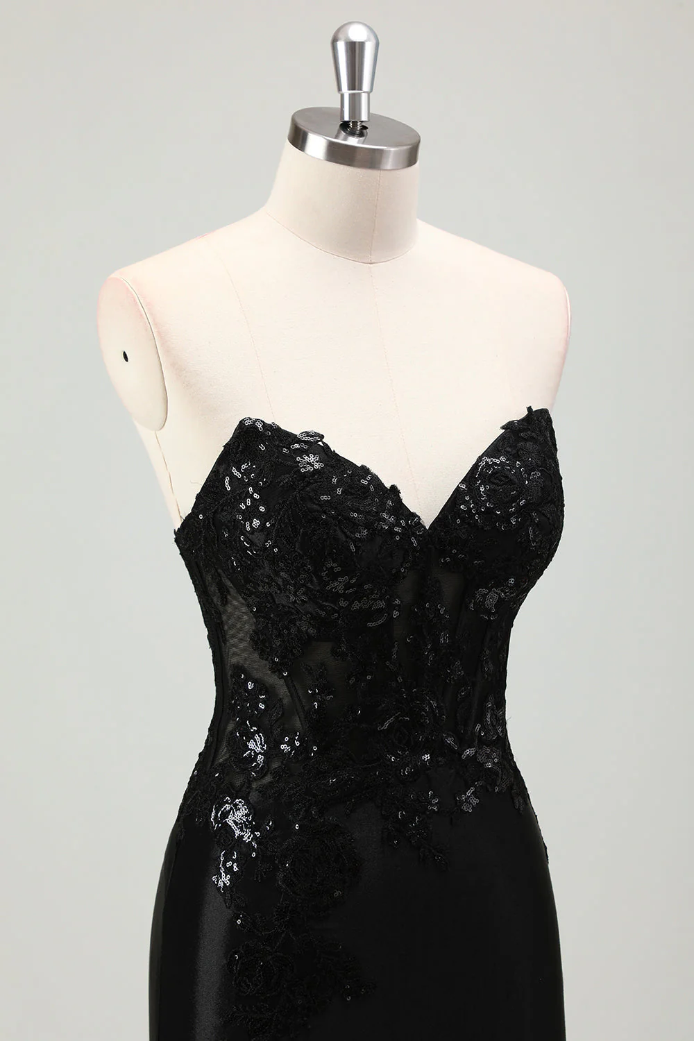 Sirène noire scintillante sans bretelles Corset Appliques Robe de bal longue avec fente - Image 6