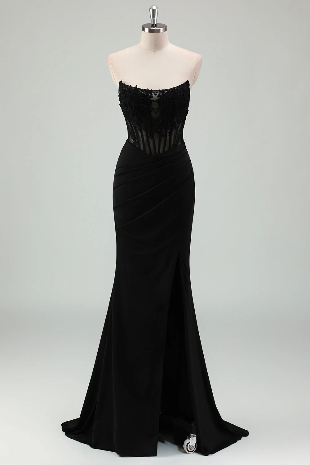 Robe de soirée longue sirène noire scintillante sans bretelles avec corset et fente