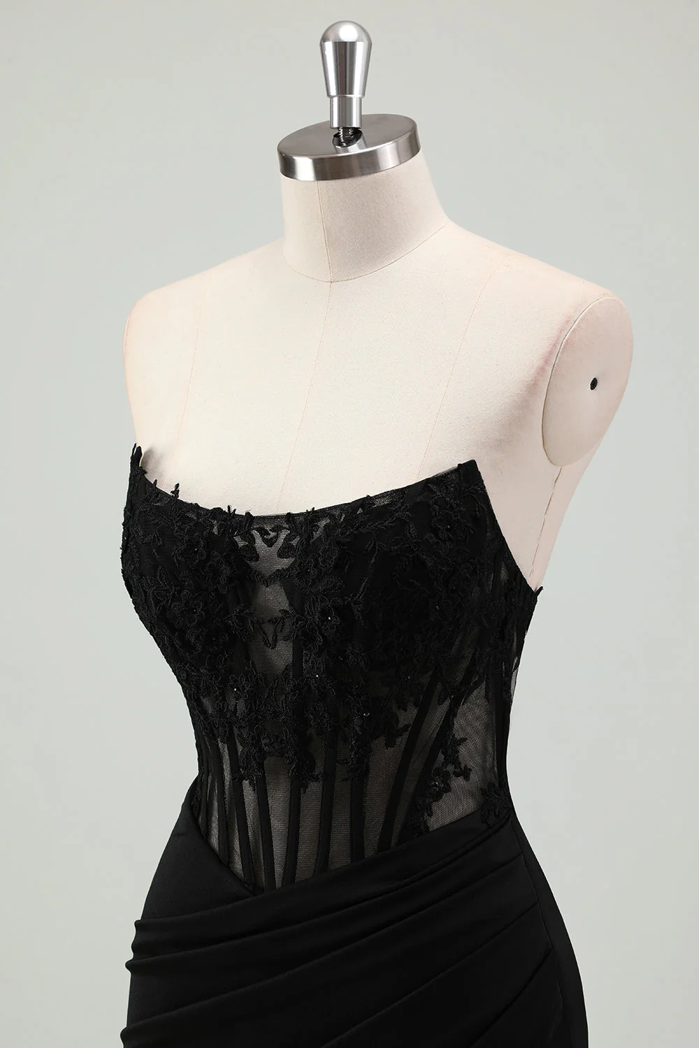 Robe de soirée longue sirène noire scintillante sans bretelles avec corset et fente - Image 6