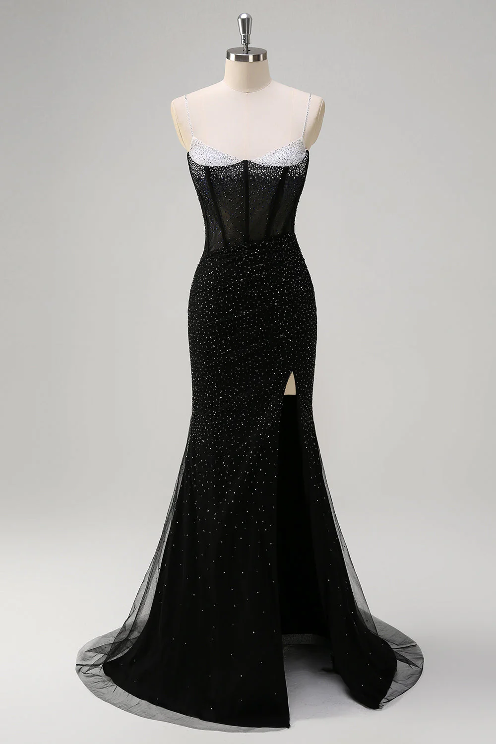 Robe de soirée longue sirène noire scintillante à bretelles spaghetti corset perlé avec fente