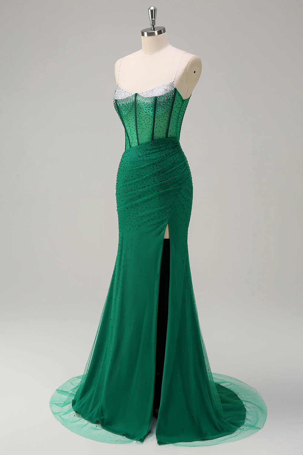 Robe de soirée longue sirène noire scintillante à bretelles spaghetti corset perlé avec fente - Image 15