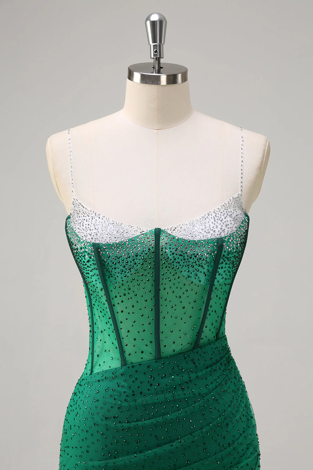 Robe de soirée longue sirène noire scintillante à bretelles spaghetti corset perlé avec fente - Image 16