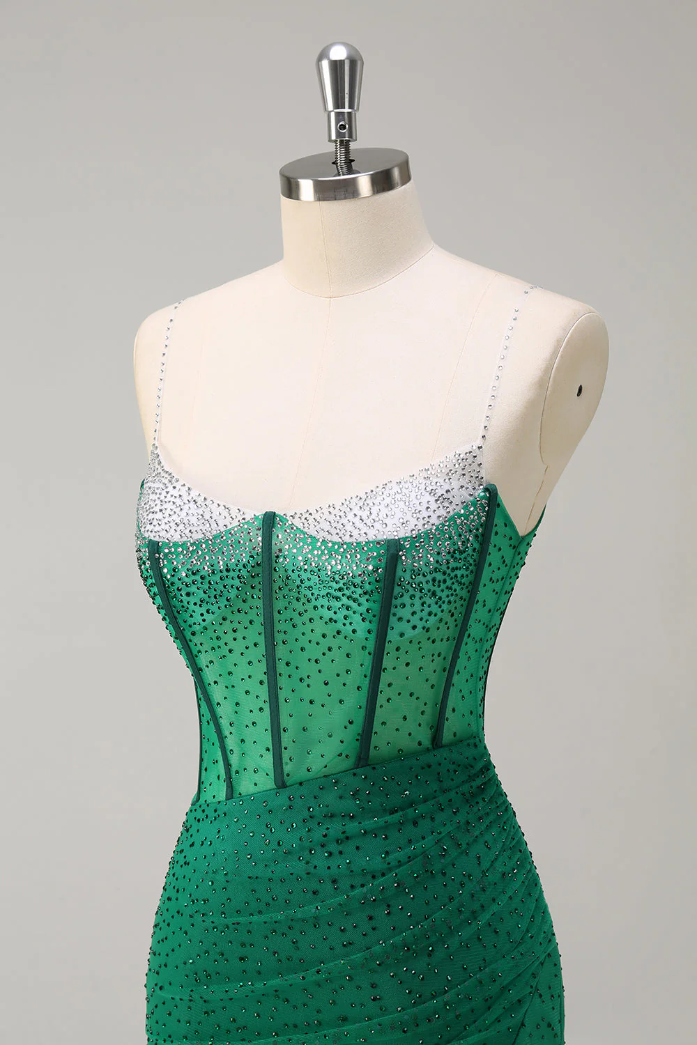 Robe de soirée longue sirène noire scintillante à bretelles spaghetti corset perlé avec fente - Image 18