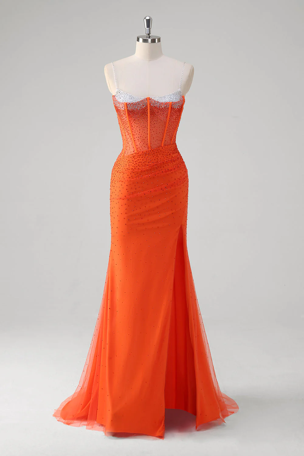 Robe de soirée longue sirène noire scintillante à bretelles spaghetti corset perlé avec fente - Image 19