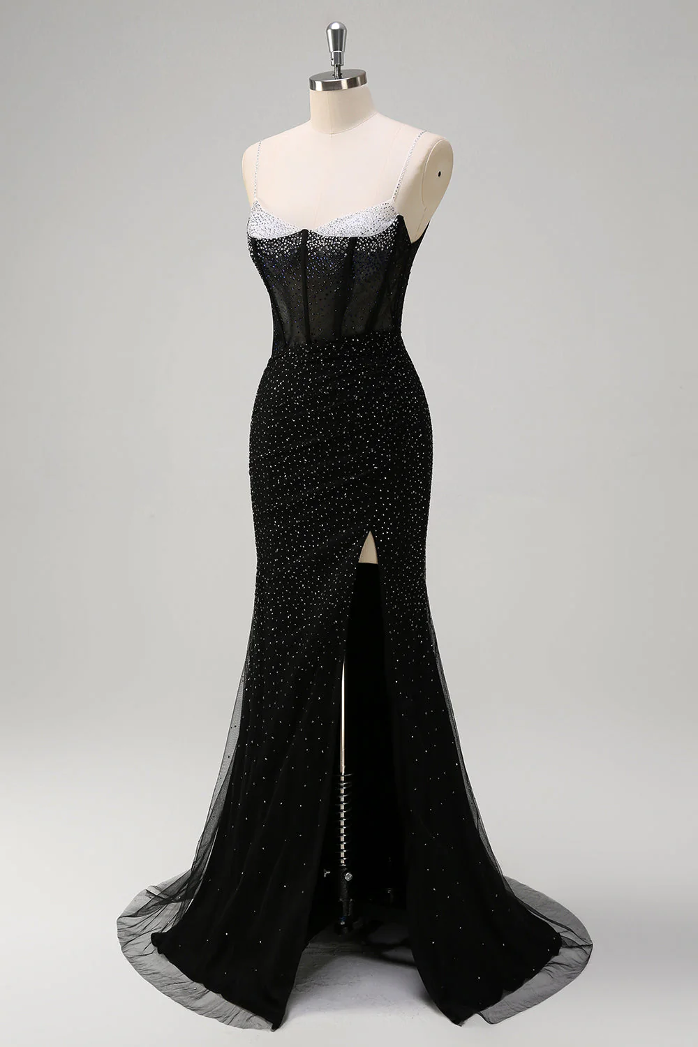 Robe de soirée longue sirène noire scintillante à bretelles spaghetti corset perlé avec fente - Image 3