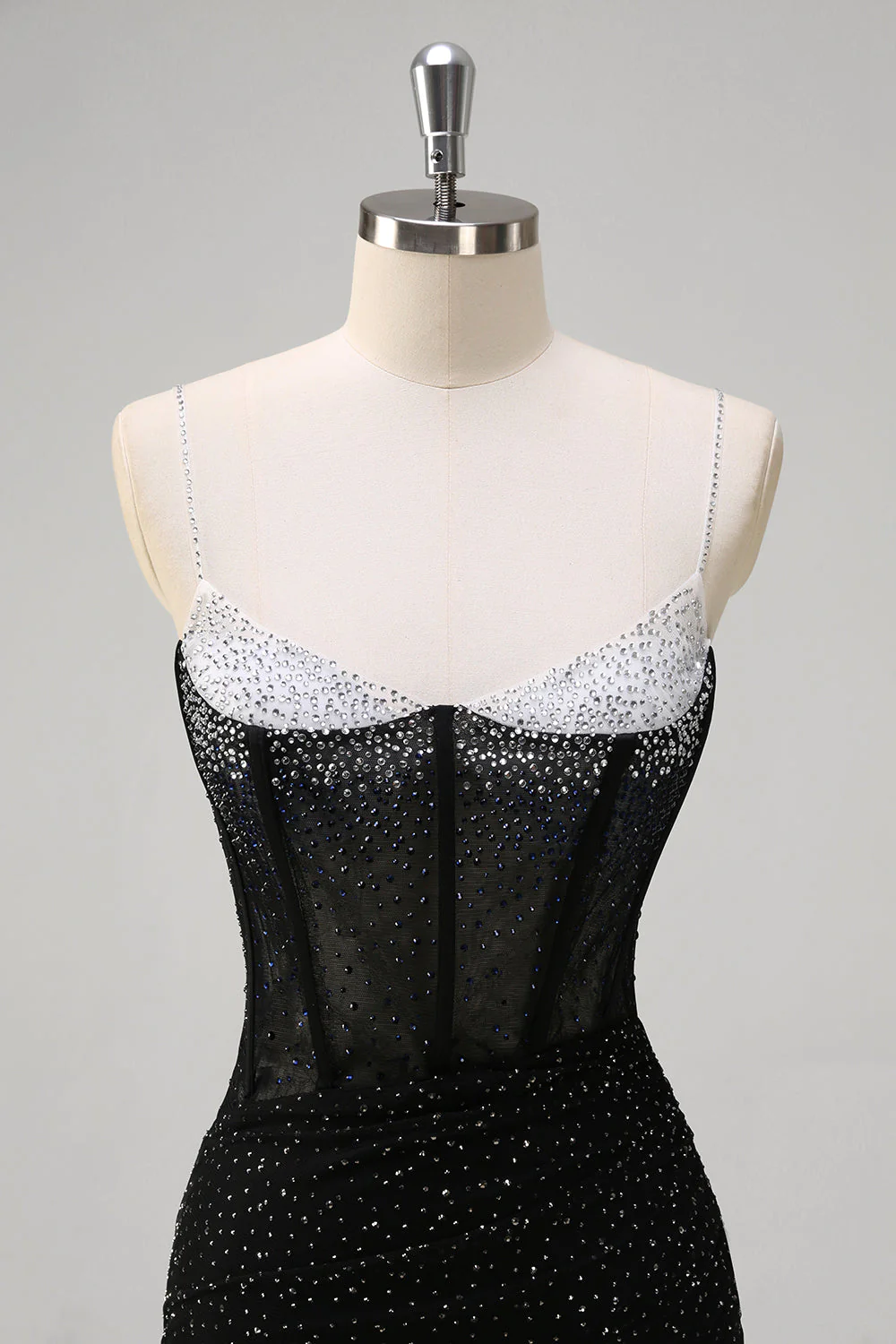 Robe de soirée longue sirène noire scintillante à bretelles spaghetti corset perlé avec fente - Image 4