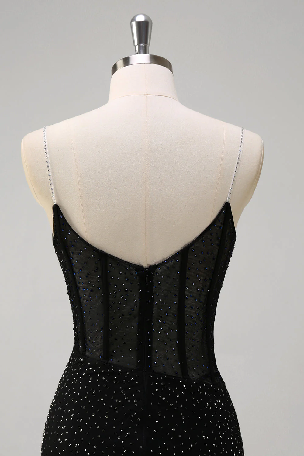 Robe de soirée longue sirène noire scintillante à bretelles spaghetti corset perlé avec fente - Image 5