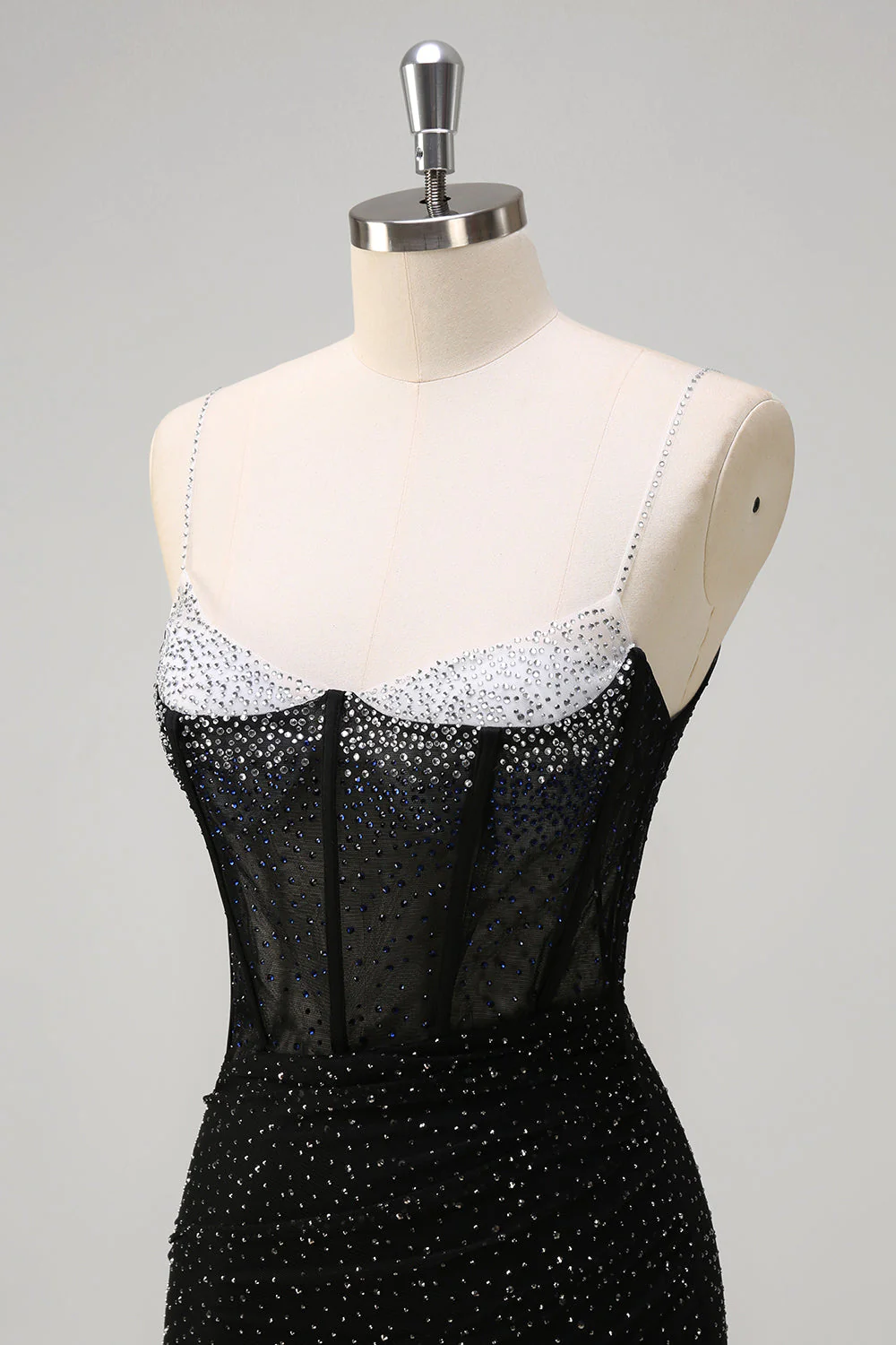 Robe de soirée longue sirène noire scintillante à bretelles spaghetti corset perlé avec fente - Image 6