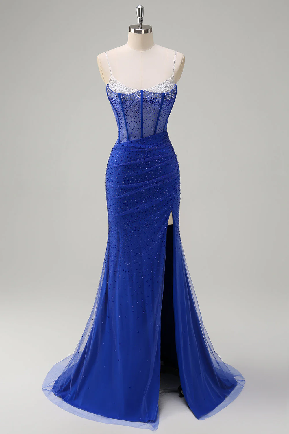 Robe de soirée longue sirène noire scintillante à bretelles spaghetti corset perlé avec fente - Image 7