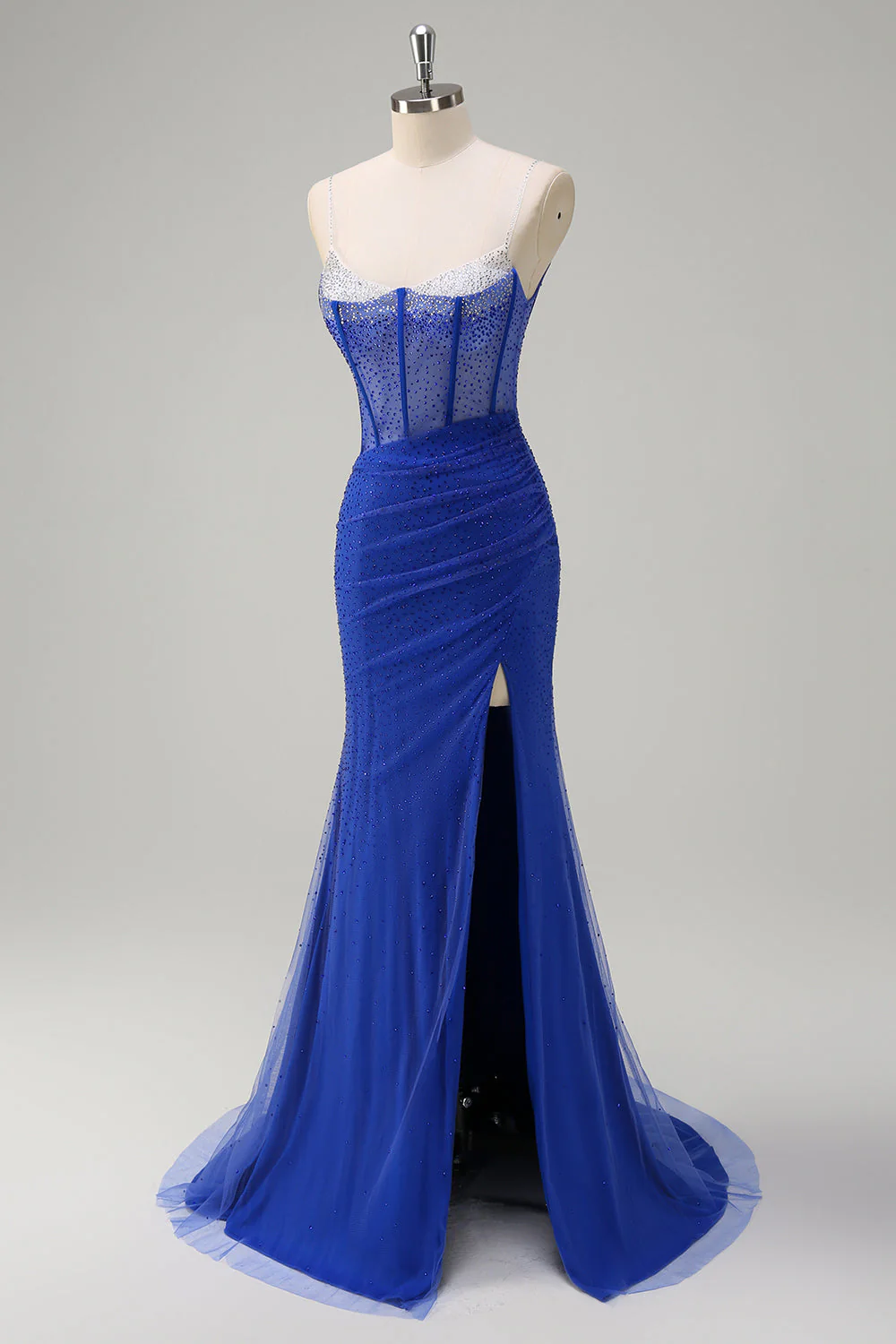 Robe de soirée longue sirène noire scintillante à bretelles spaghetti corset perlé avec fente - Image 9