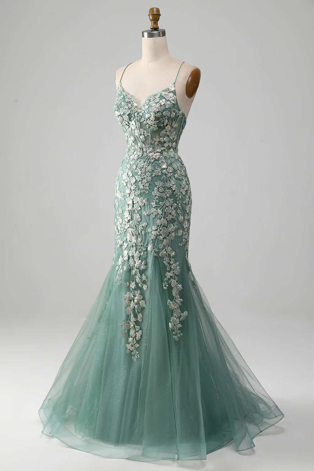 Sirène Robe de Soirée à lacets vert clair avec appliques - Image 3