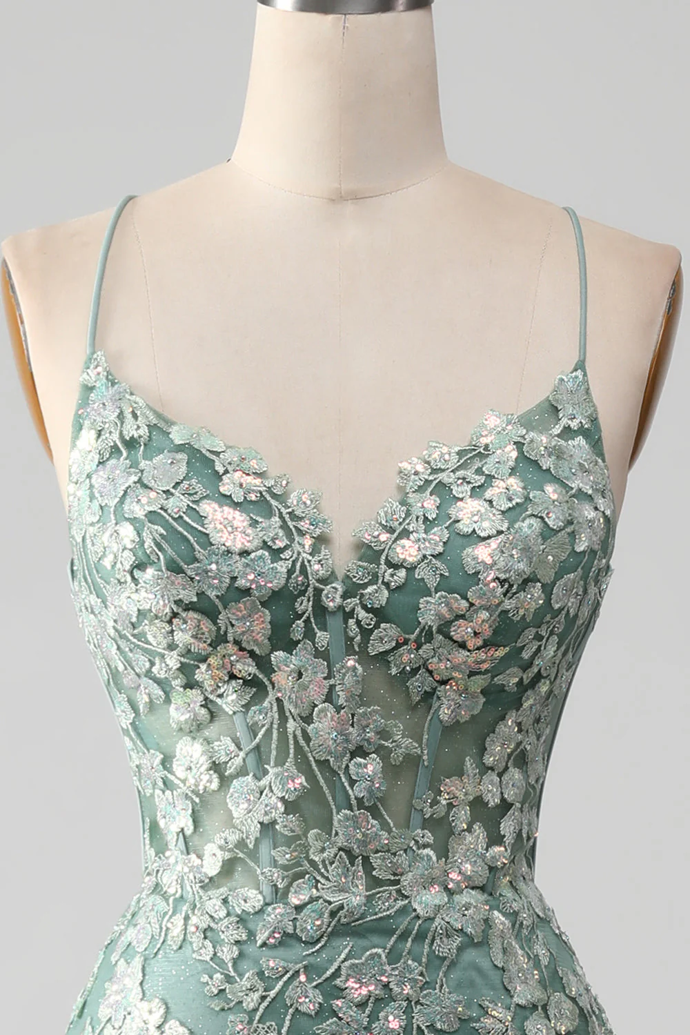 Sirène Robe de Soirée à lacets vert clair avec appliques - Image 4