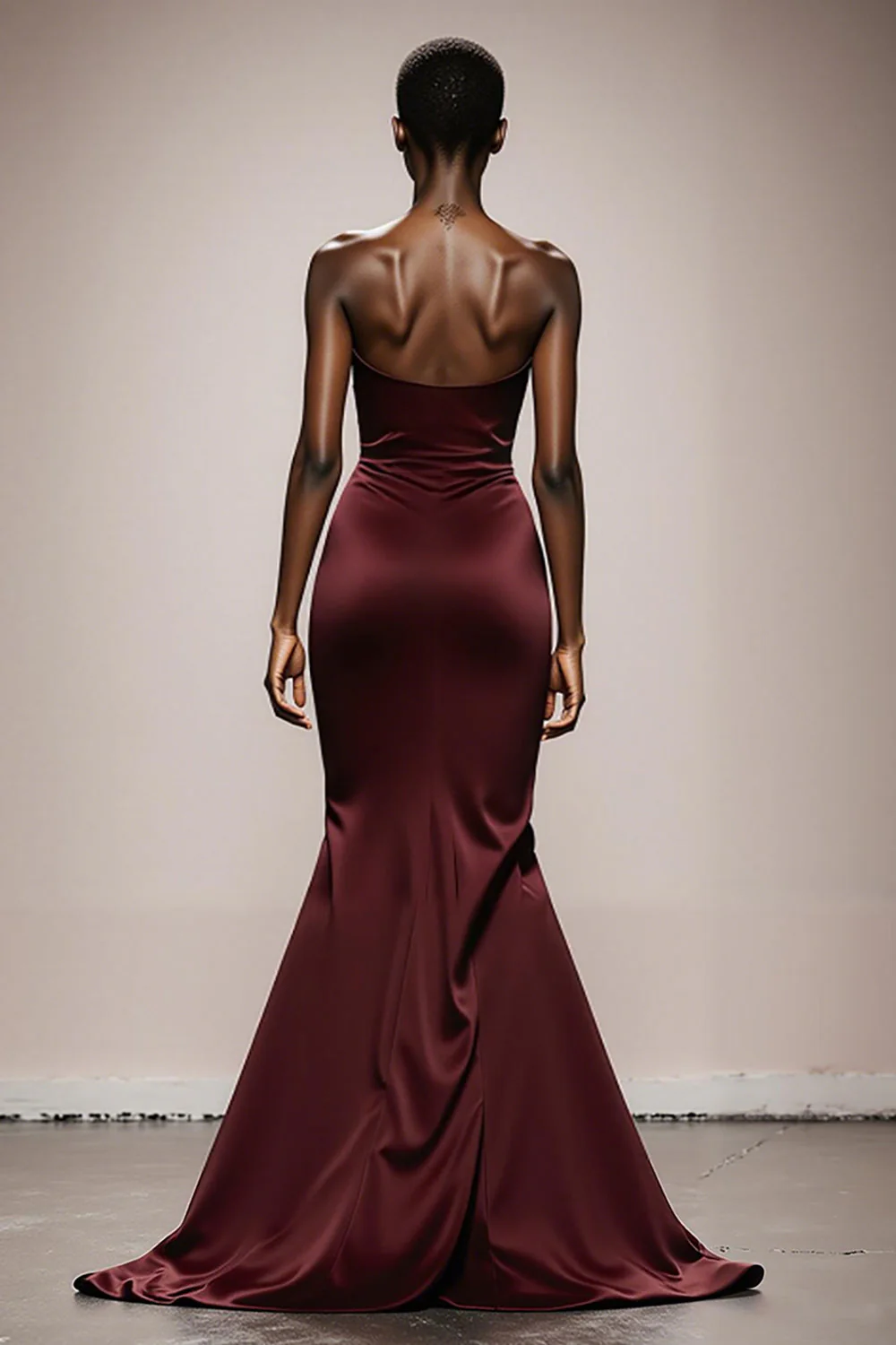 Sirène Robe de soirée bustier en satin bordeaux avec fente - Image 2