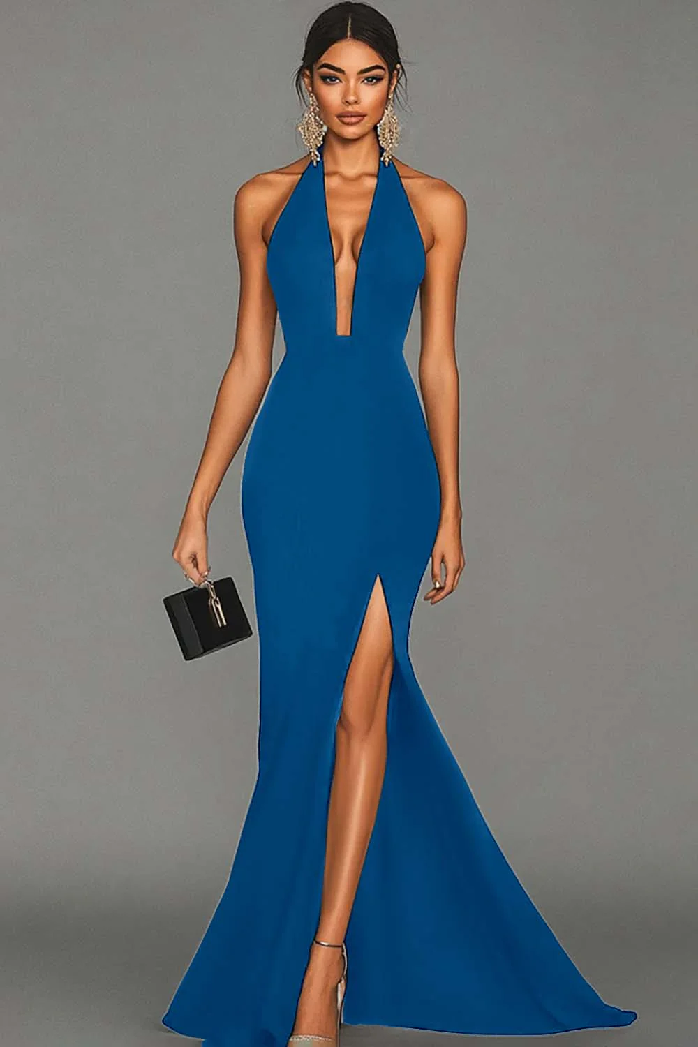 Robe longue formelle sirène en satin noir dos nu avec fente - Image 6