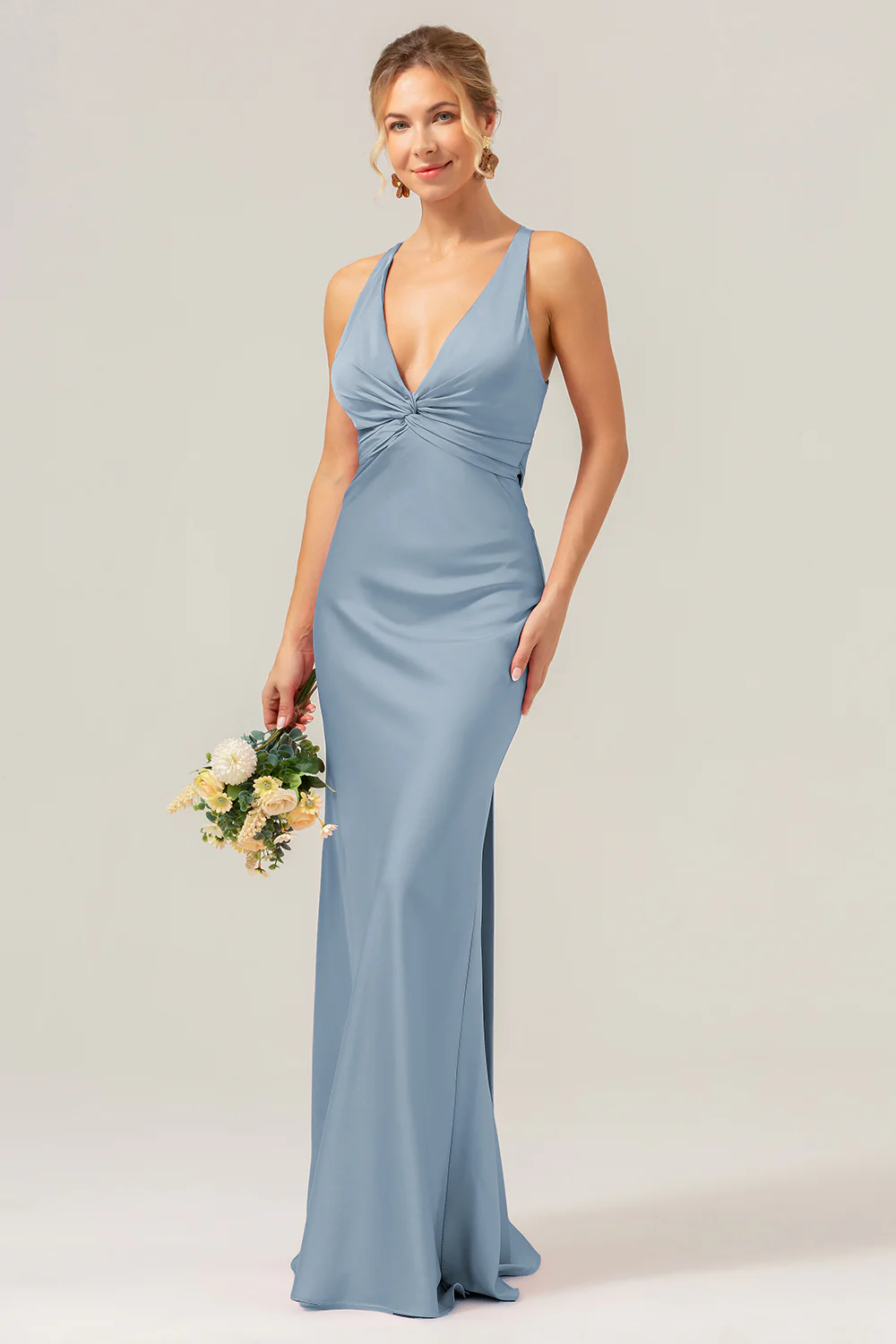 Sirène rose col en V froncé robe de demoiselle d’honneur en satin avec lacets dans le dos - Image 14