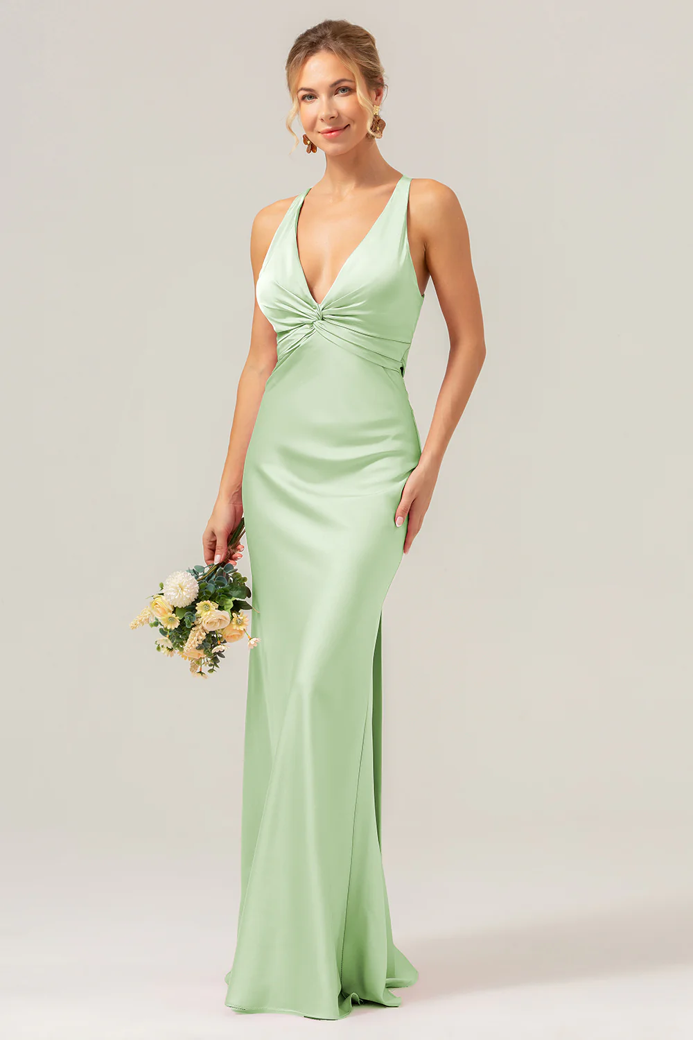 Sirène rose col en V froncé robe de demoiselle d’honneur en satin avec lacets dans le dos - Image 16