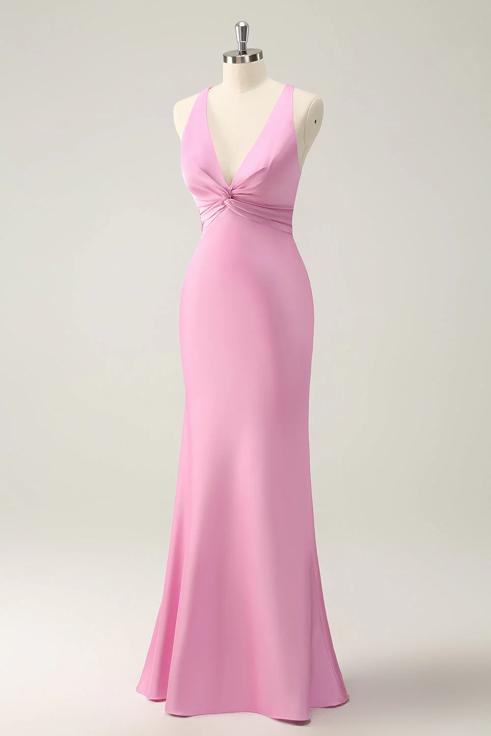 Sirène rose col en V Satin Robe de demoiselle d’honneur longue - Image 3