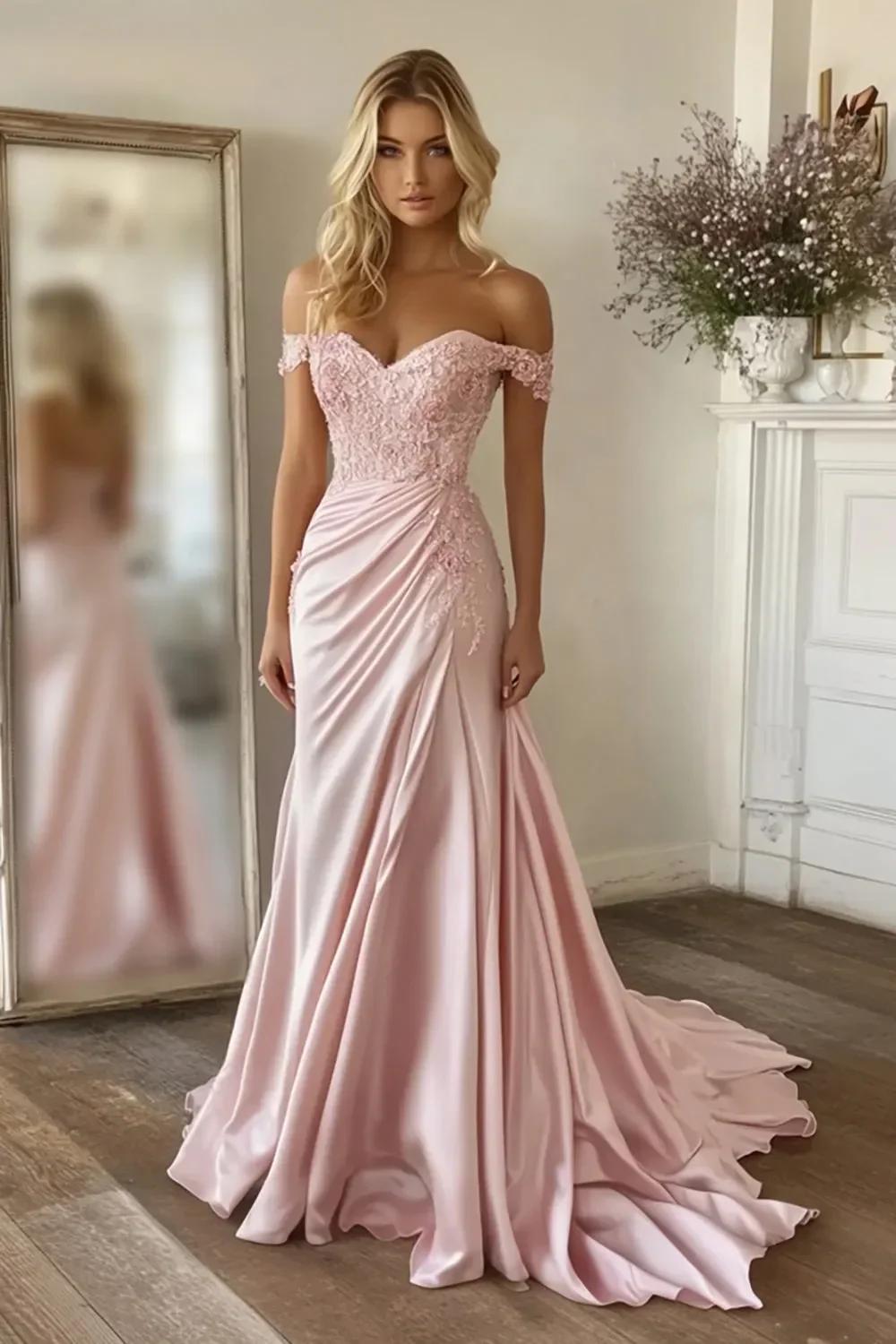 Sirène rose Robe longue formelle à épaules dénudées avec appliques - Image 3