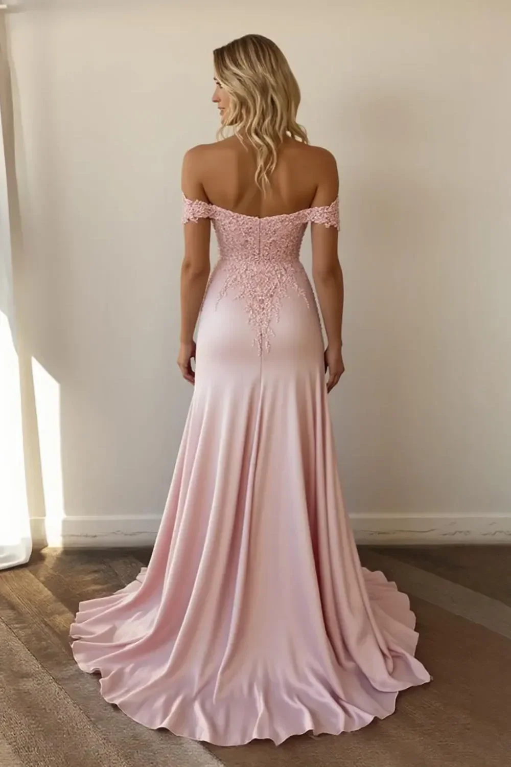 Sirène rose Robe longue formelle à épaules dénudées avec appliques - Image 4