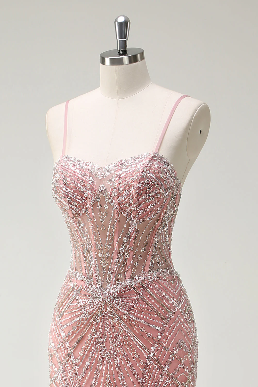 Sirène rose scintillante bretelles spaghetti corset robe longue de bal - Image 6