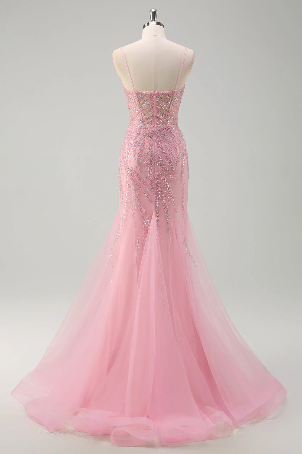 Sirène rose scintillante bretelles spaghetti paillettes robe longue corset bal - Image 2
