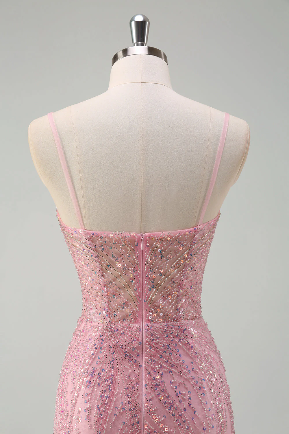 Sirène rose scintillante bretelles spaghetti paillettes robe longue corset bal - Image 5