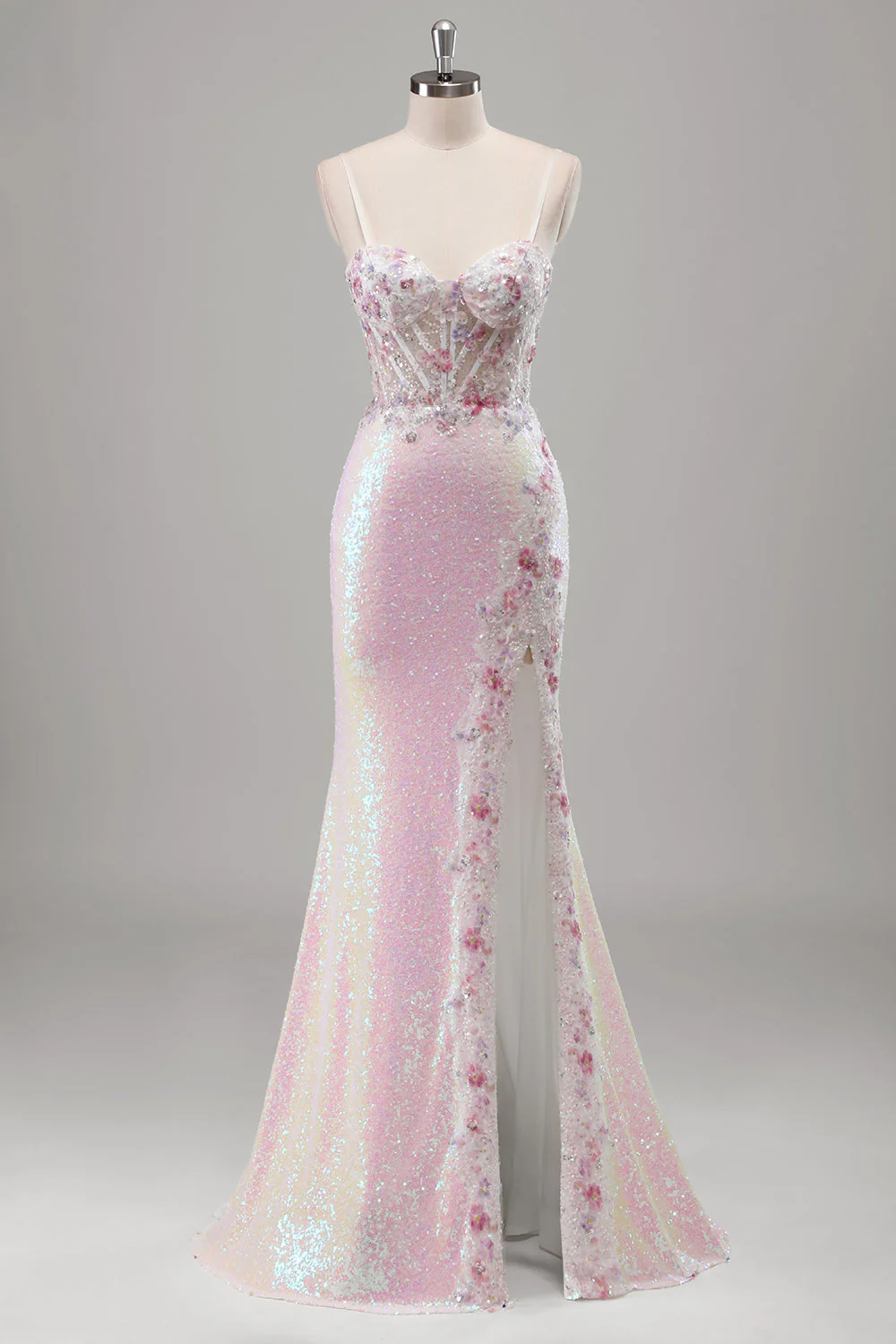 Sirène rose scintillante spaghetti bretelles Corset fleurs paillettes longue robe de bal avec fente