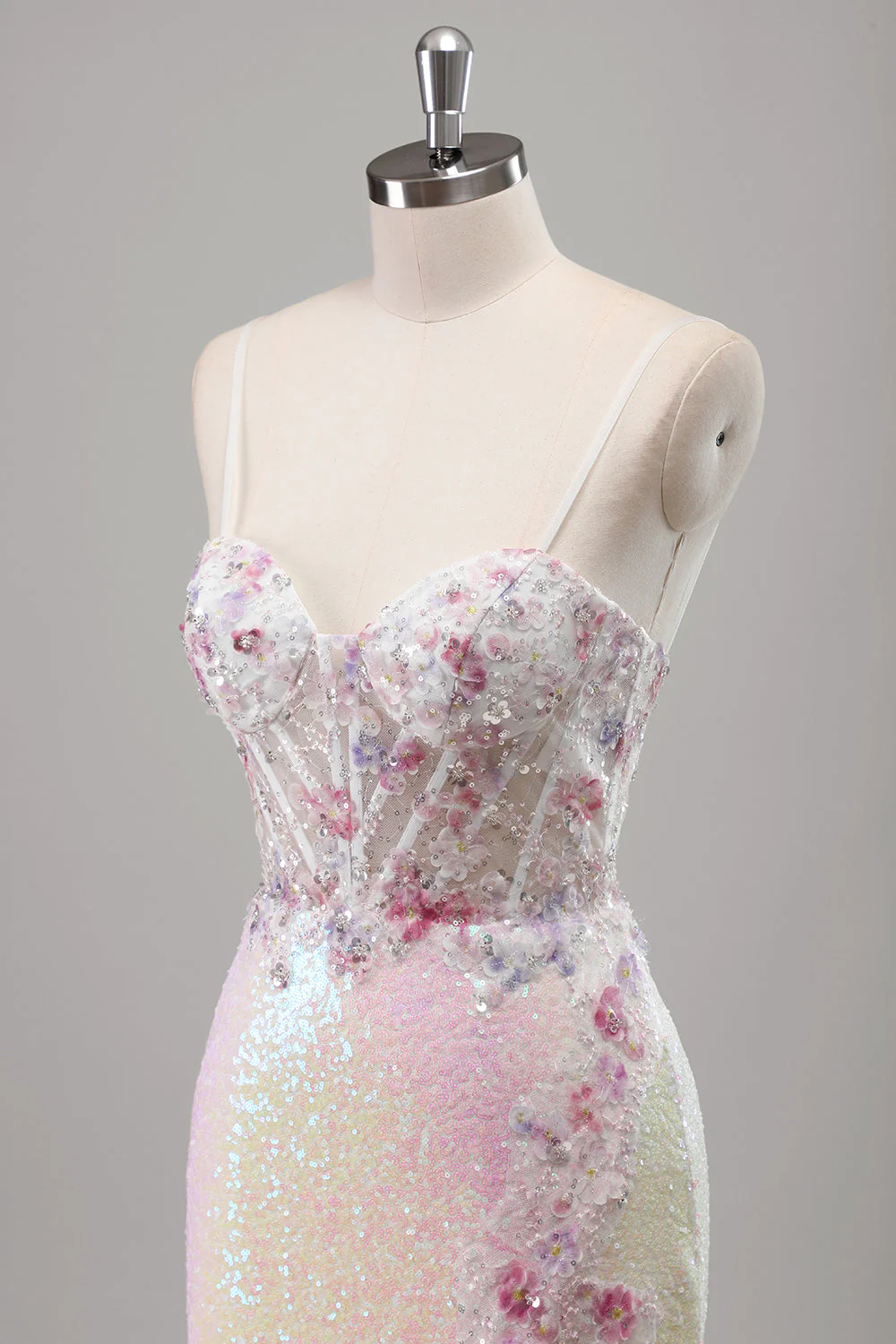 Sirène rose scintillante spaghetti bretelles Corset fleurs paillettes longue robe de bal avec fente - Image 6
