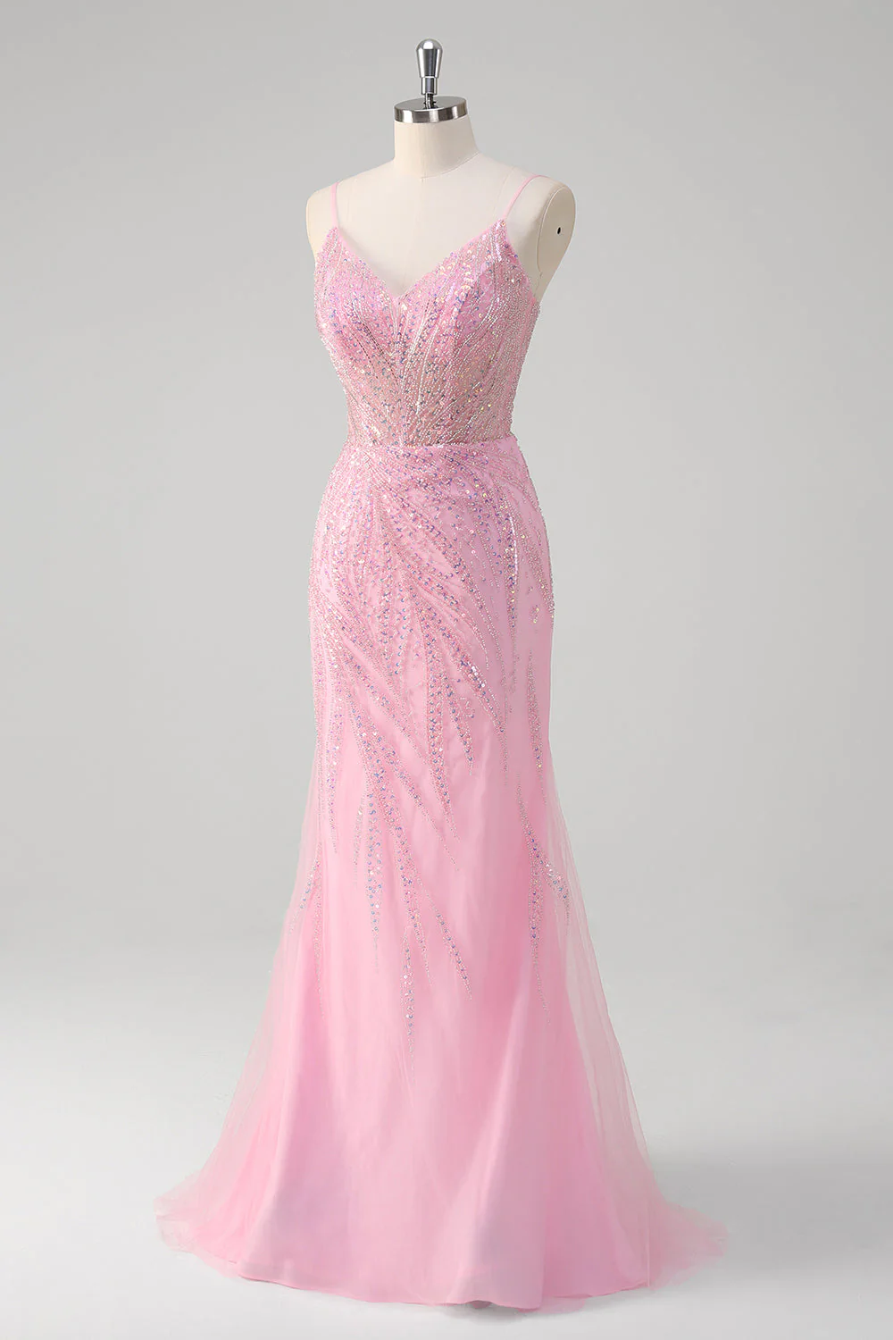 Sirène rose spaghetti bretelles paillettes Corset robe longue de bal - Image 3