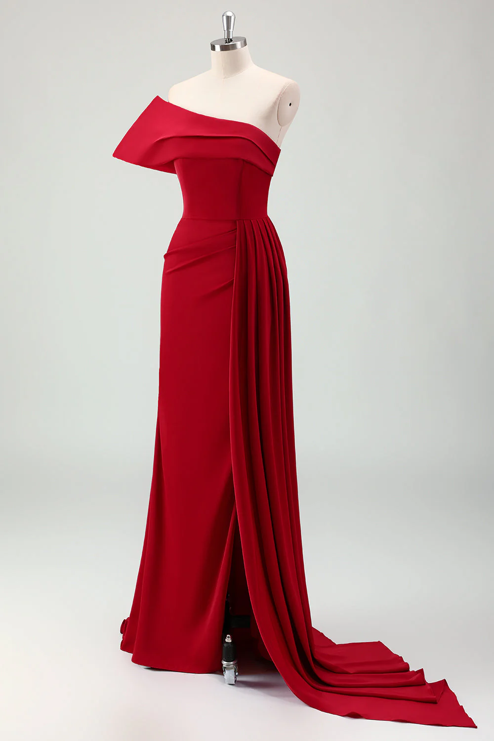 Robe de demoiselle d'honneur longue en satin plissé à une épaule et à une épaule avec fente - Image 3