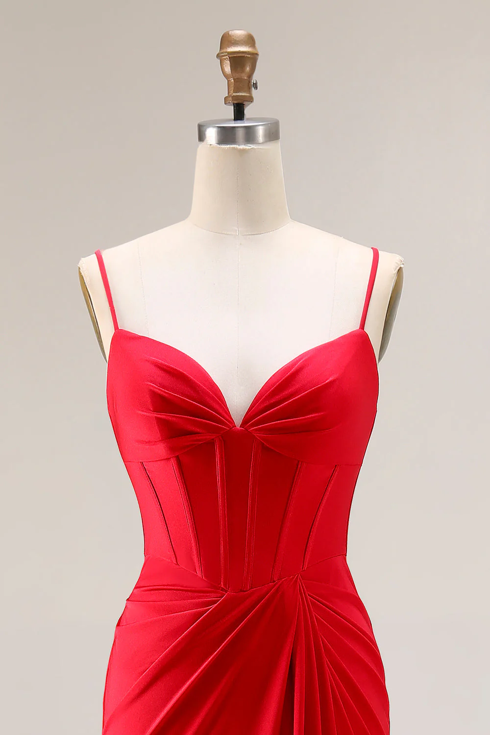 Robe de soirée sirène rouge en satin froncé à bretelles spaghetti corset longue - Image 4