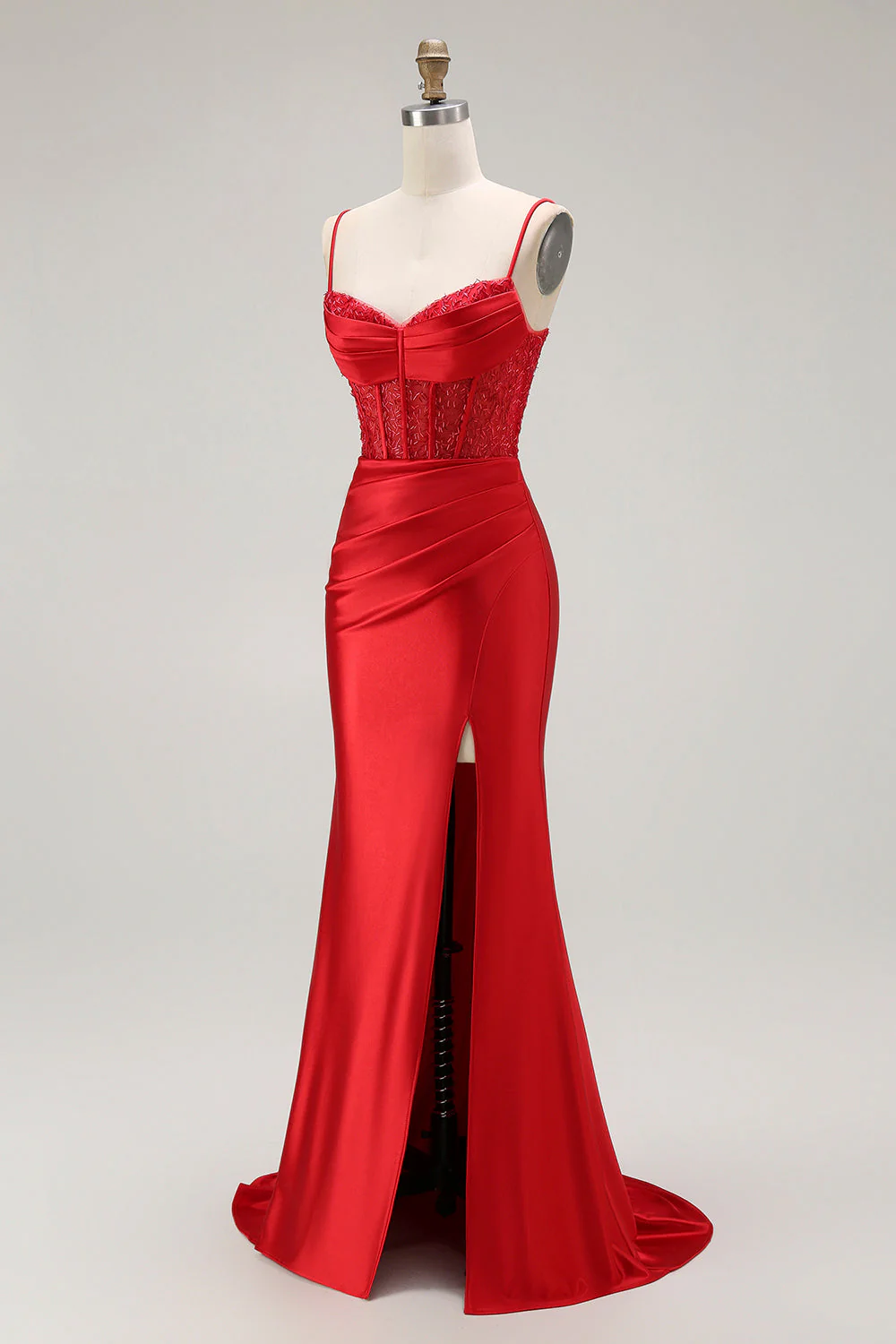 Sirène rouge spaghetti bretelles Corset plissé longue Robe de soirée avec fente - Image 3