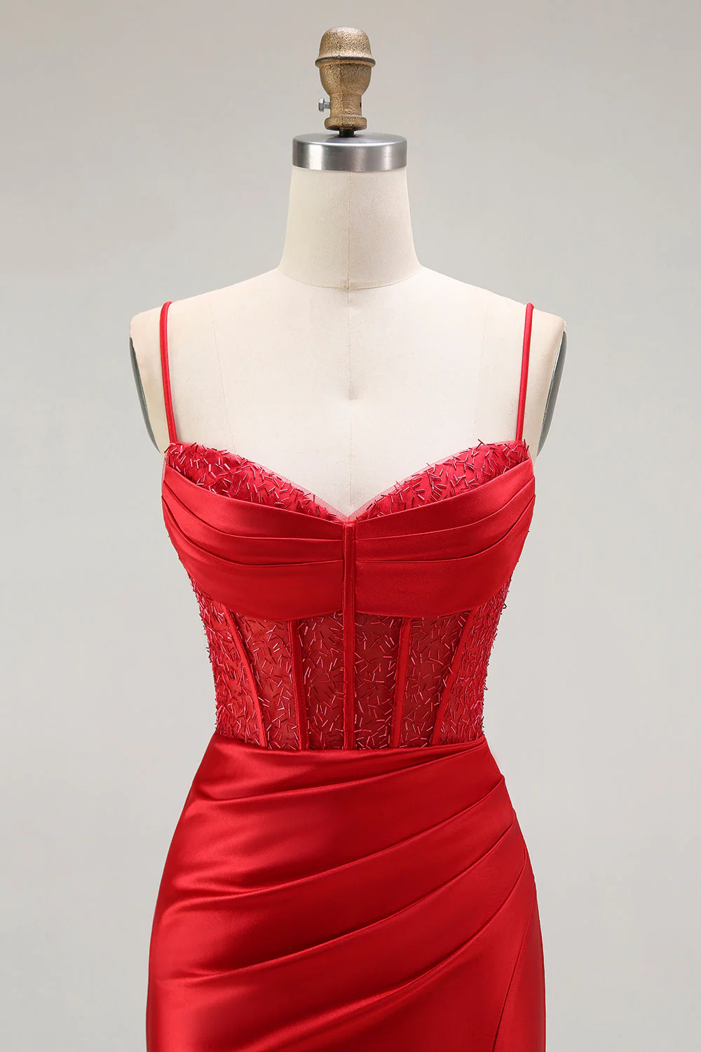 Sirène rouge spaghetti bretelles Corset plissé longue Robe de soirée avec fente - Image 4