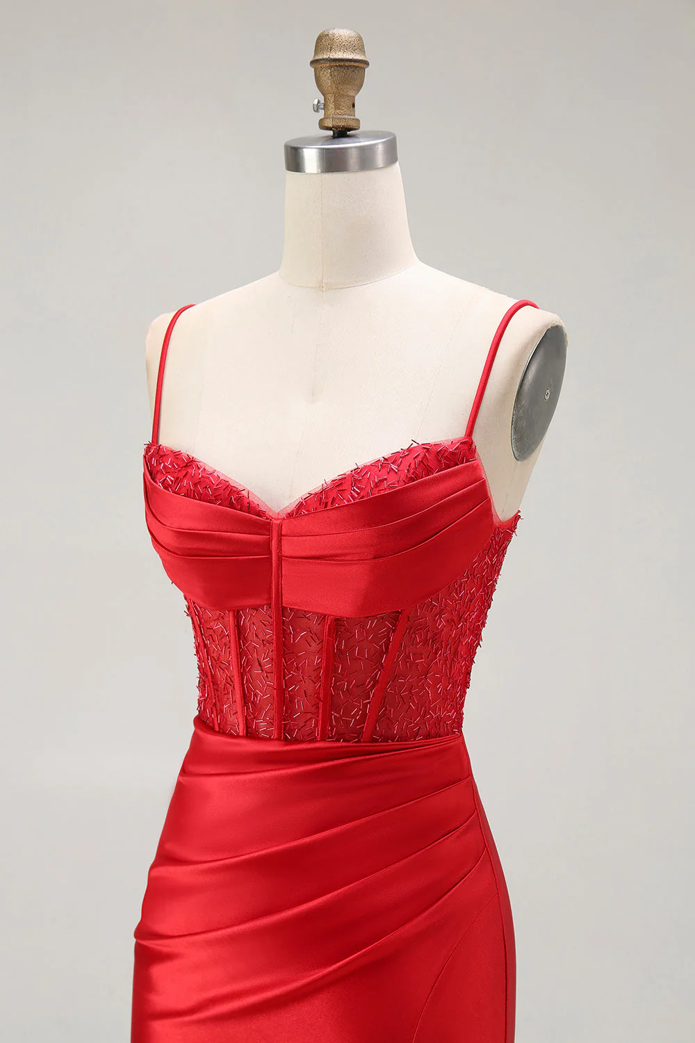 Sirène rouge spaghetti bretelles Corset plissé longue Robe de soirée avec fente - Image 6