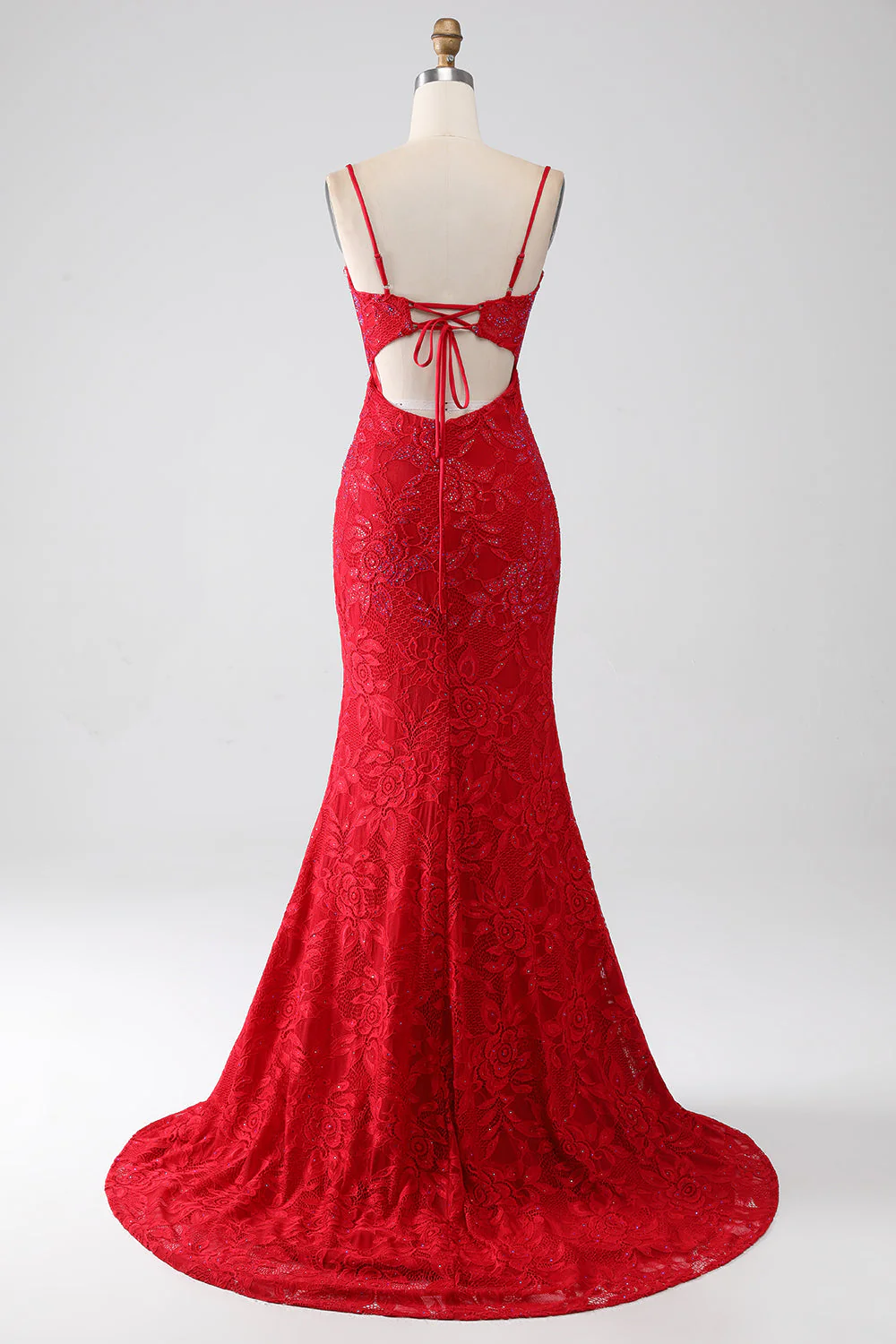 Robe de soirée sirène rouge à bretelles fines perlée et dentelle avec appliques et fente - Image 2