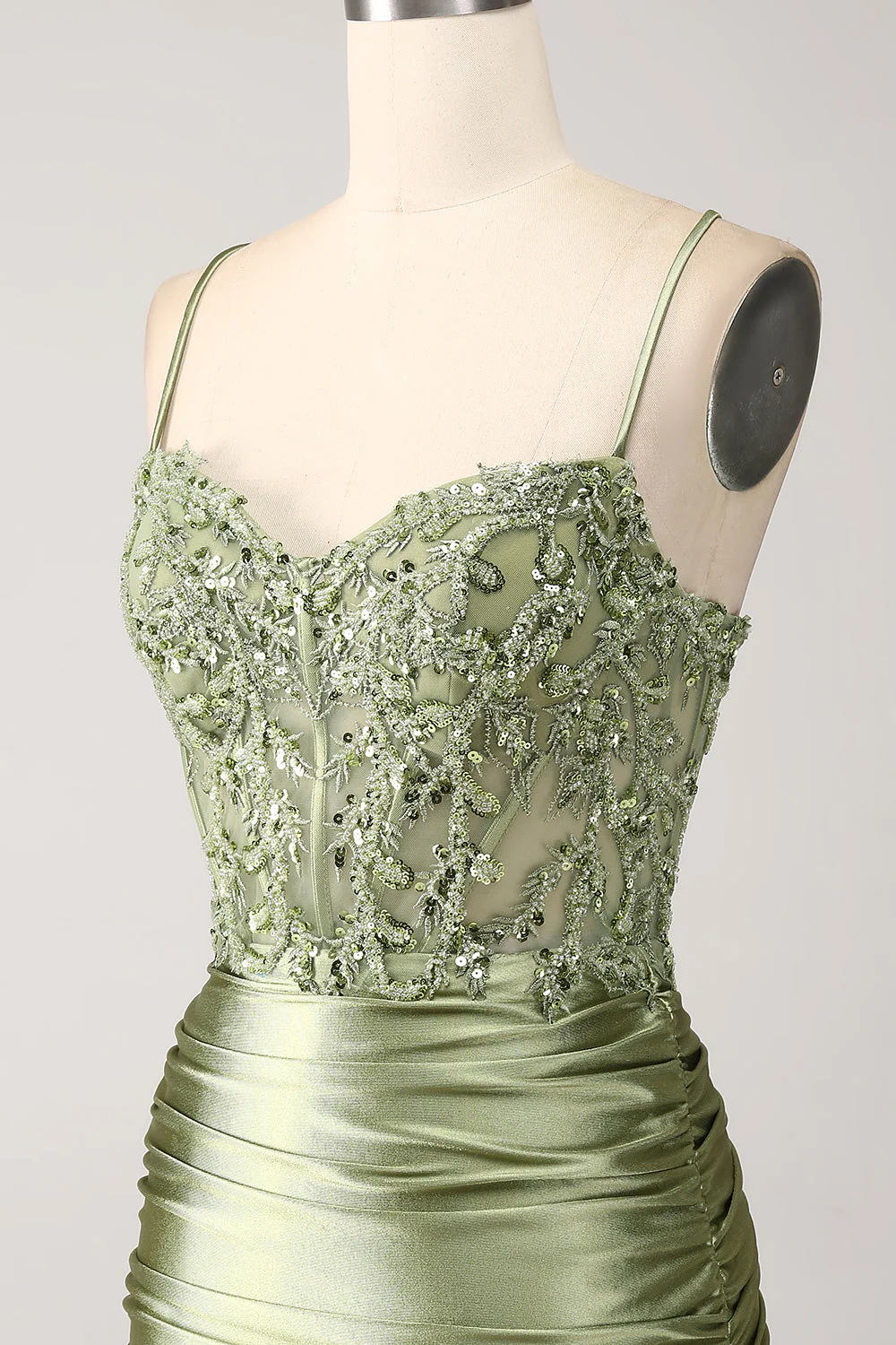 Robe de soirée sirène à bretelles spaghetti et dos lacé avec fente - Image 8