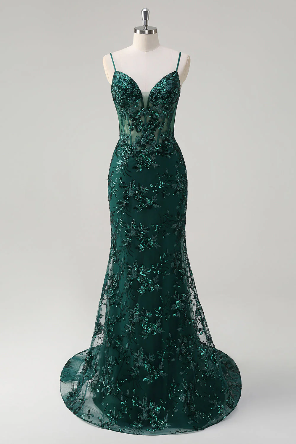 Sirène scintillante Bleu royal spaghetti bretelles Corset Sequin Robe longue de bal avec broderie - Image 11