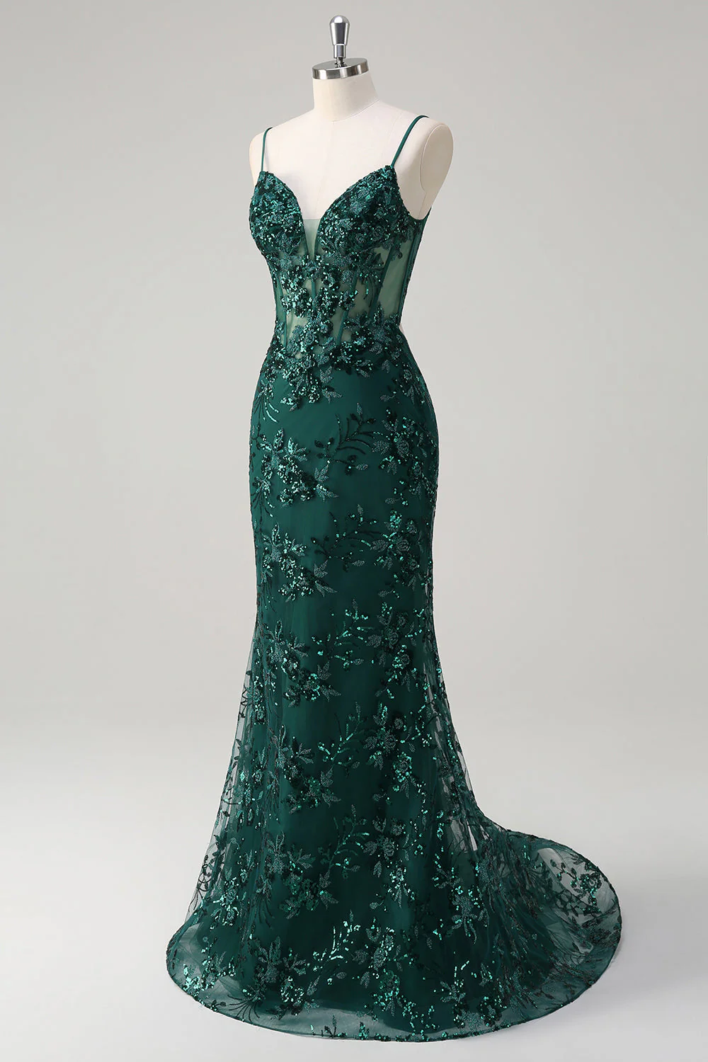 Sirène scintillante Bleu royal spaghetti bretelles Corset Sequin Robe longue de bal avec broderie - Image 13