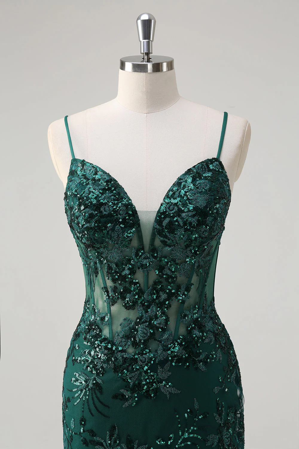 Sirène scintillante Bleu royal spaghetti bretelles Corset Sequin Robe longue de bal avec broderie - Image 14