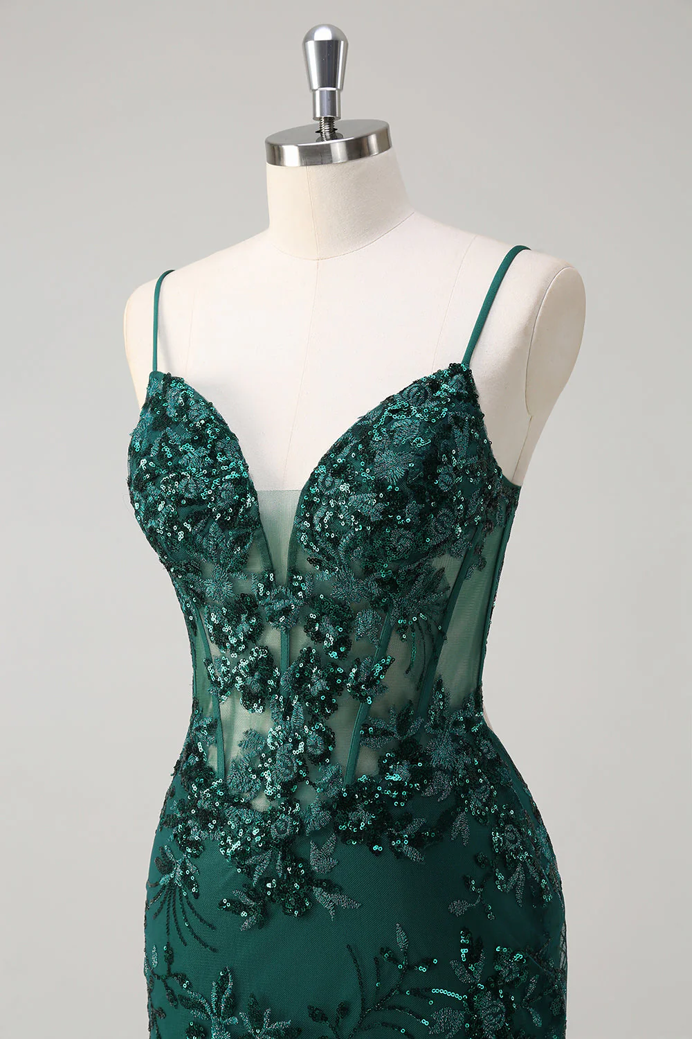 Sirène scintillante Bleu royal spaghetti bretelles Corset Sequin Robe longue de bal avec broderie - Image 16