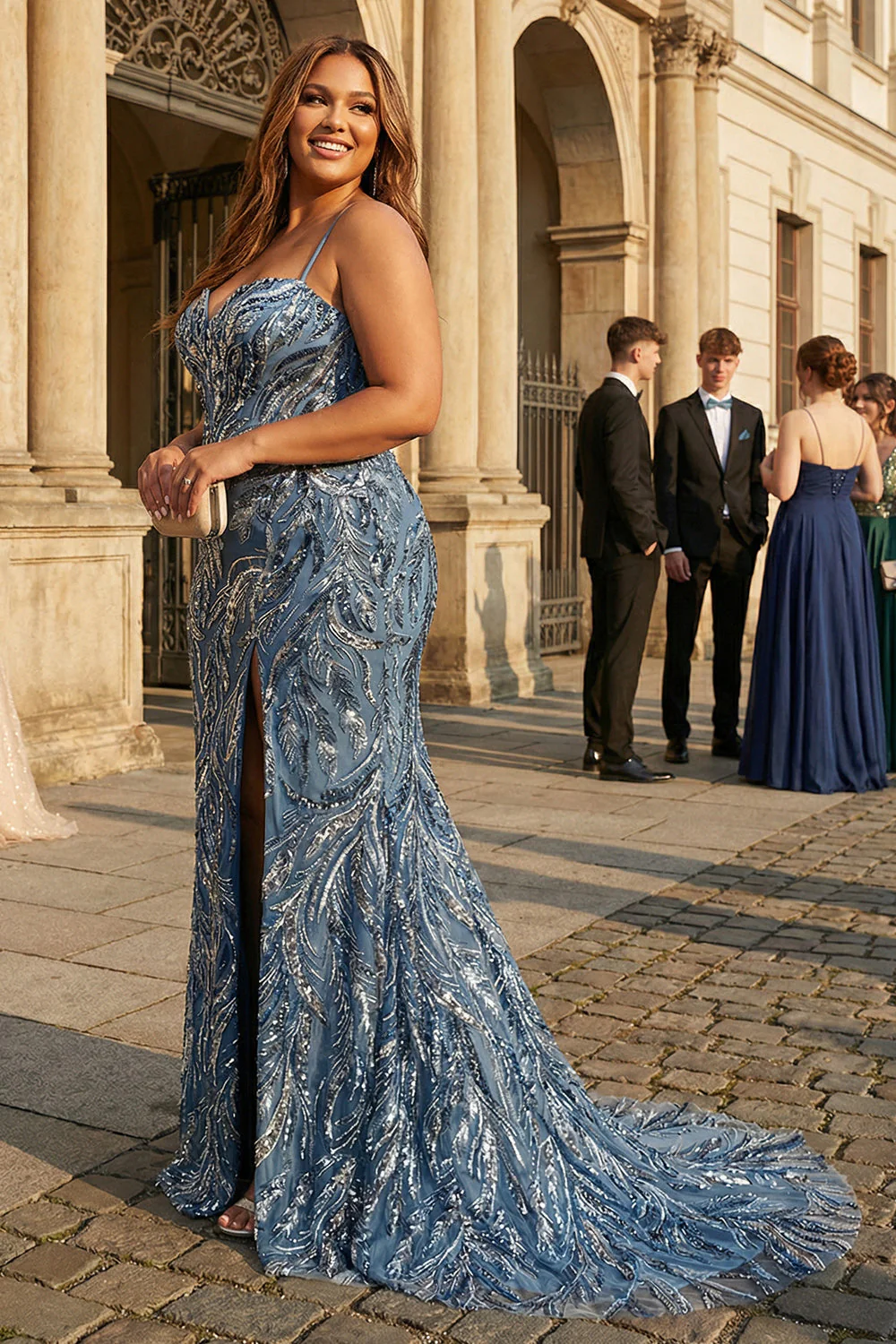 Sirène scintillante Twilight sequins lacets dans le dos, longue robe de bal grande taille avec fente - Image 3