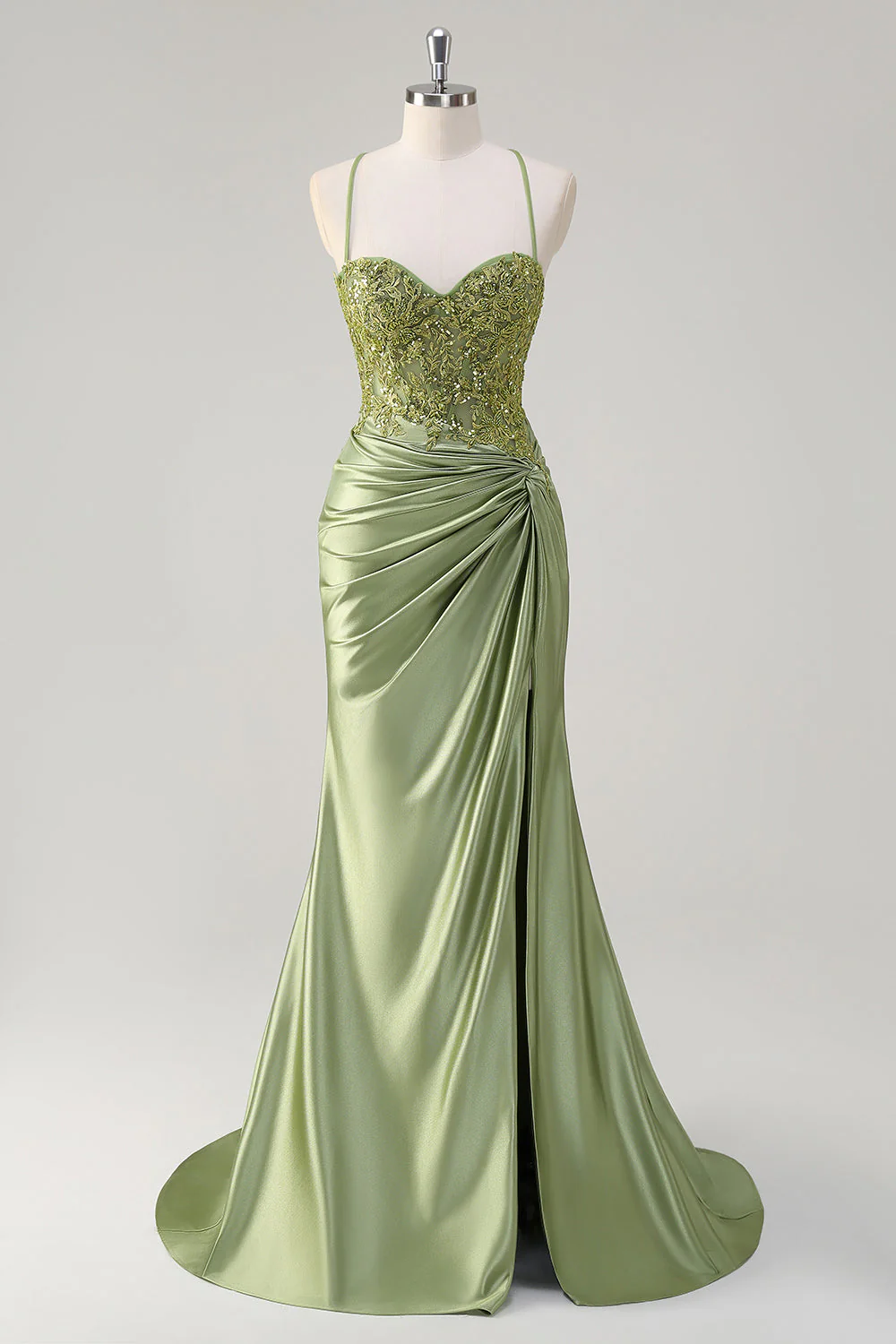 Sirène scintillante Vert Armée Corset Lace Up Back Robe longue de bal avec fente - Image 3