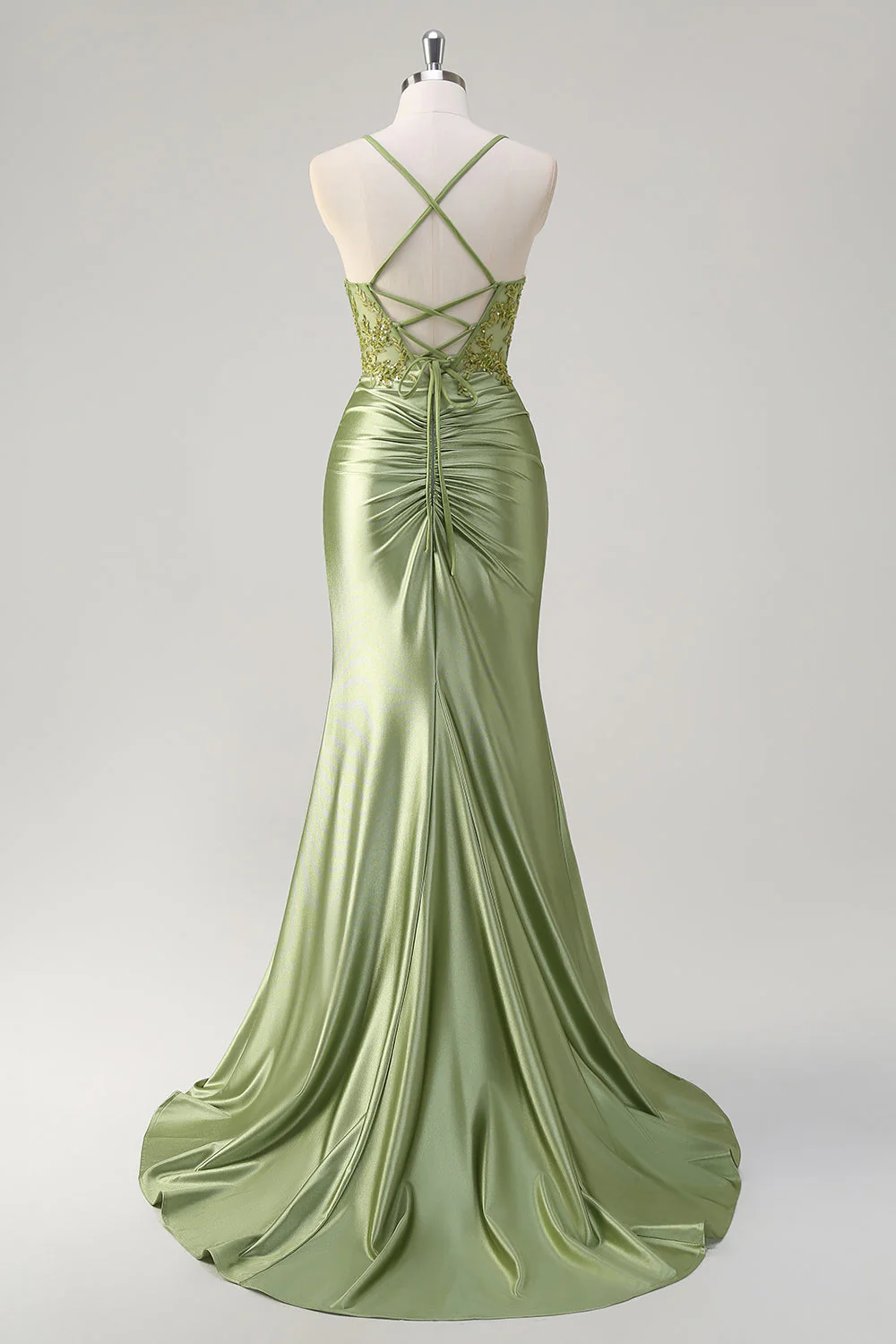 Sirène scintillante Vert Armée Corset Lace Up Back Robe longue de bal avec fente - Image 4