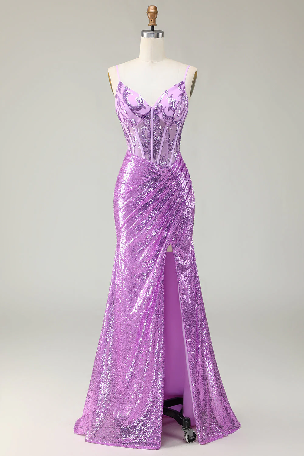 Sirène scintillante violet Corset Applique Robe de soirée avec fente