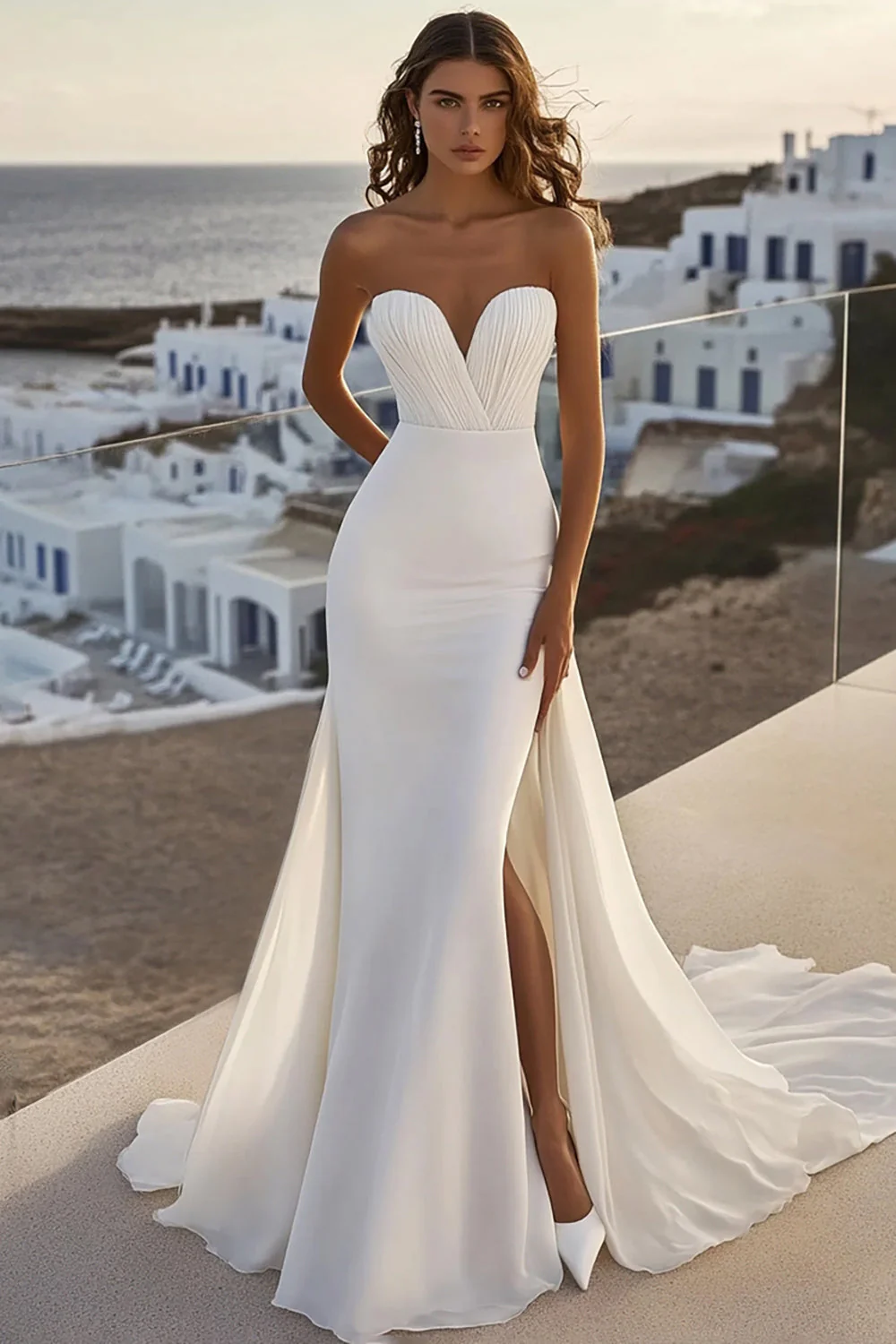 Robe de mariée sirène sweetheart en mousseline de soie ivoire avec fente